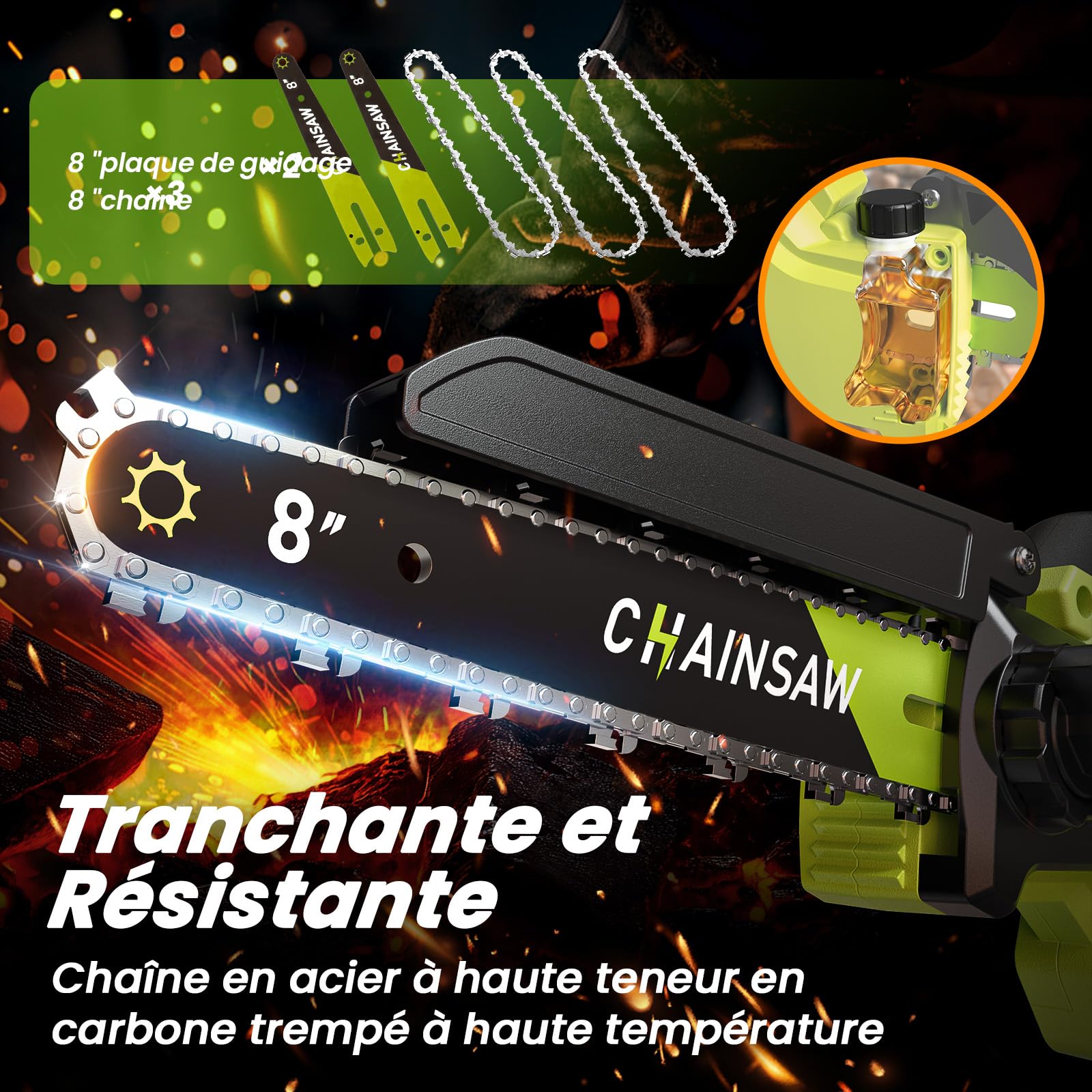 Mini Tronconneuse a Batterie 4000mAh, 8 Pouces 1300W Brushless Tronconneuse Électrique sans Fil avec Graisseur Automatique et Chaîne de Remplacement, Compatible Makita 18V, Idéal Extérieur & Jardinage