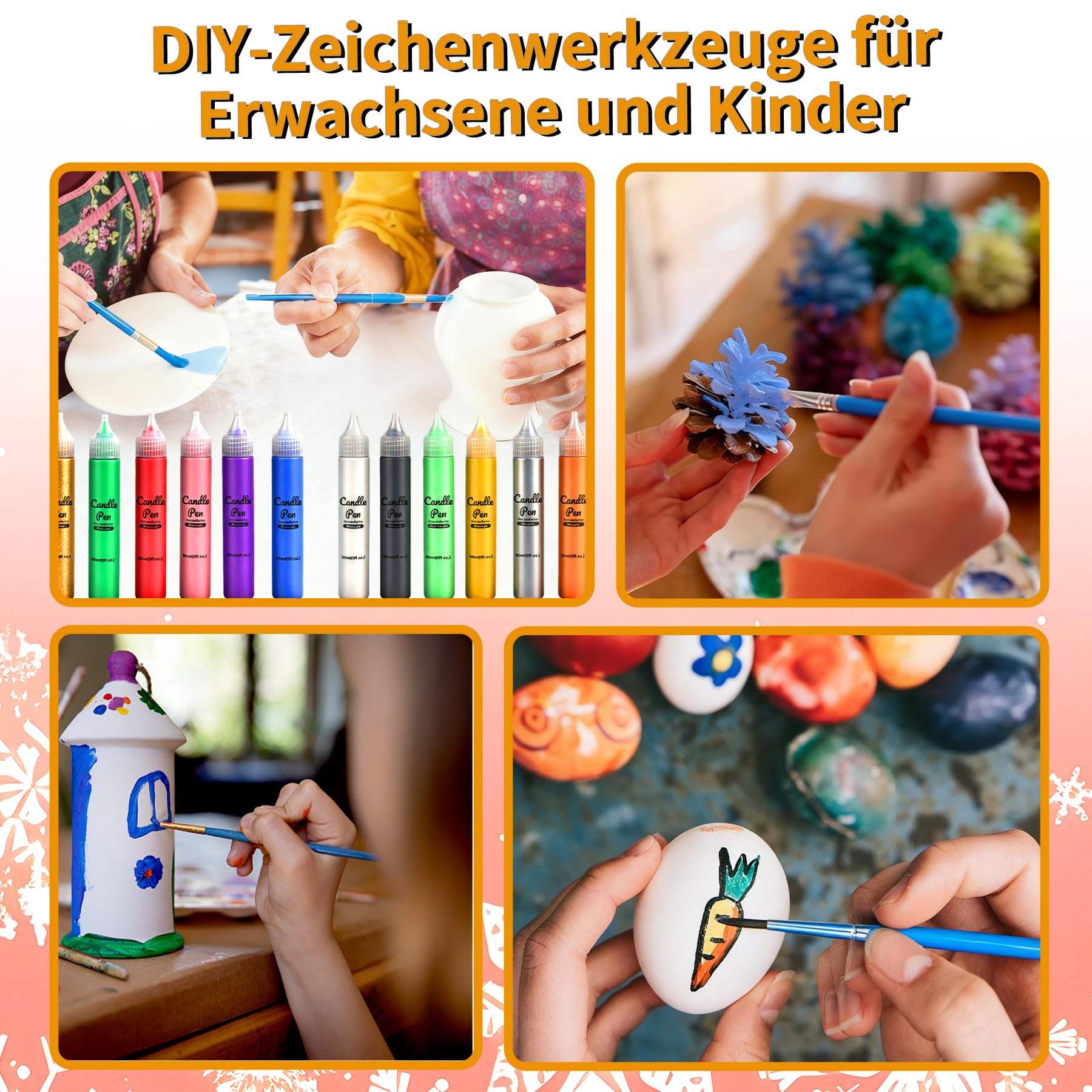 YAOBLUESEA Set di penne candela 12pcs 30ML Set di pittura a candela 3 Pennelli 1 Spugna 2 Adesivi Regalo Candela DIY 4 Effetti di Colore Regalo di Compleanno di Natale Decorazione per la casa