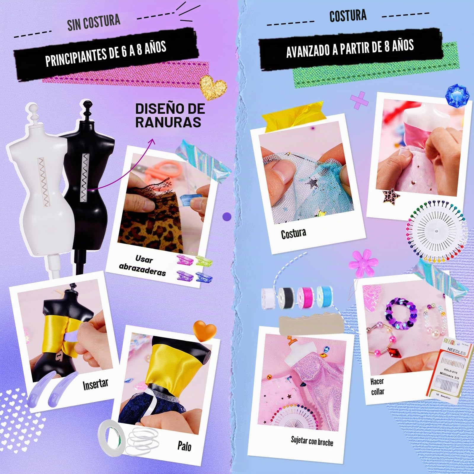 1000+ Piezas - Kit de Diseño de Moda para Niñas con 6 Maniquíes, Kit de Manualidades, Juguetes de Aprendizaje, Kit de Costura para Niños, Regalo de Cumpleaños Niñas Adolescentes 6 7 8 9 10 11 12+ Años
