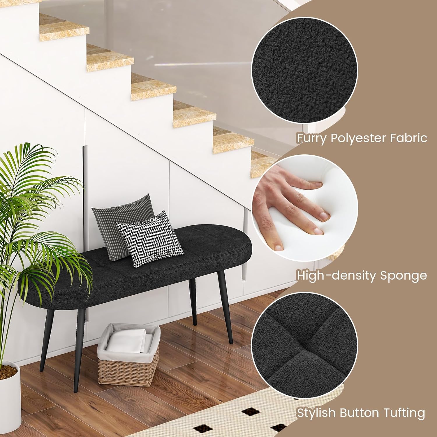 Giantex 47 inch Entryway Bench - End of Bed Bench, Upholstered Bench for Bedroom with Metal Legs, Padded Seat, Long Ottoman Bench for Dining Room, Living Room, Bedroom, Hallway (Black)