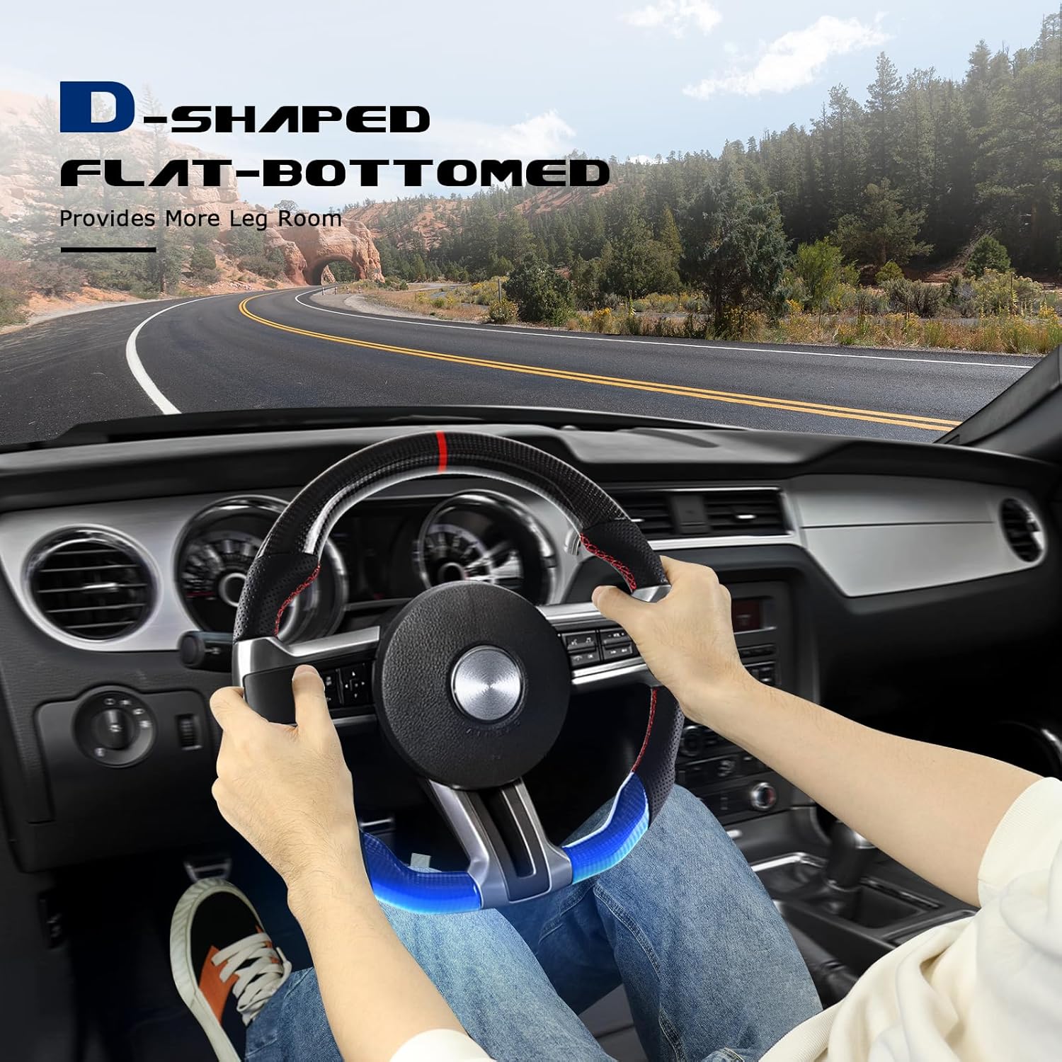 Real Carbon Fiber Steering Wheel For Mustang EcoBoost/GT/Shelby GT350/GT350R 2012-2014 D-shaped Nappa Perforated Leather Flat-bottom Steering Wheel