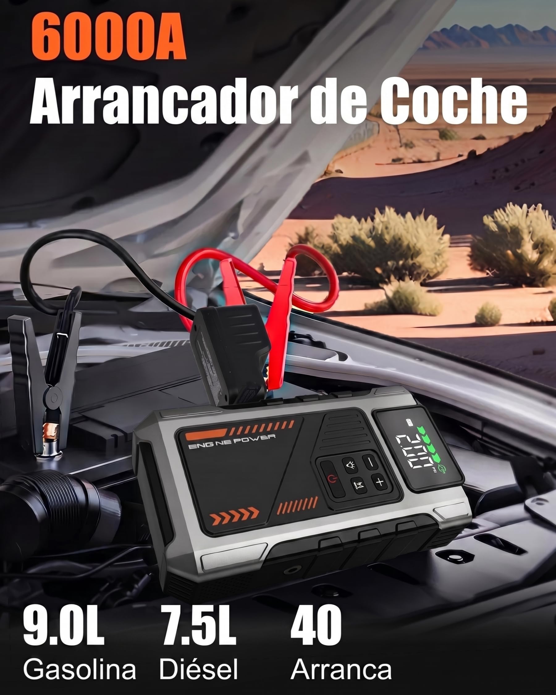 Arrancador de Baterias de Coche con Compresor de 150 PSI, 6000A Arrancador de Coche(para 9.0L Gasolina o 7.5L Diesel), Booster Bateria 12V con Pantalla LCD, Linterna LED