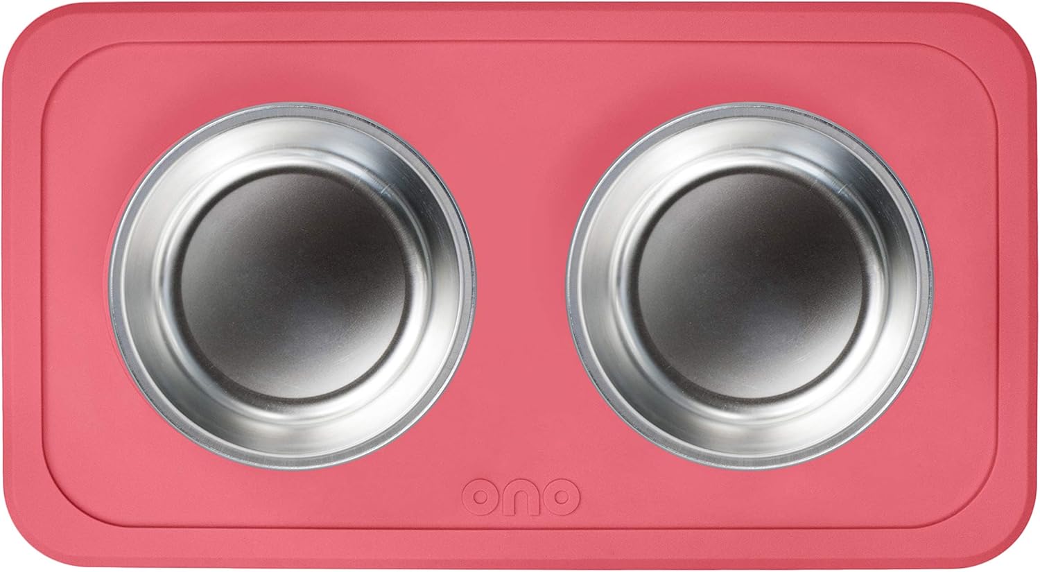 Ono Good Bowl Food & Water Double Feeder - Small to Medium Pets No Spill Non Skid Silicone Mat & Stainless Steel Bowls for Dogs or Cats (Coral)