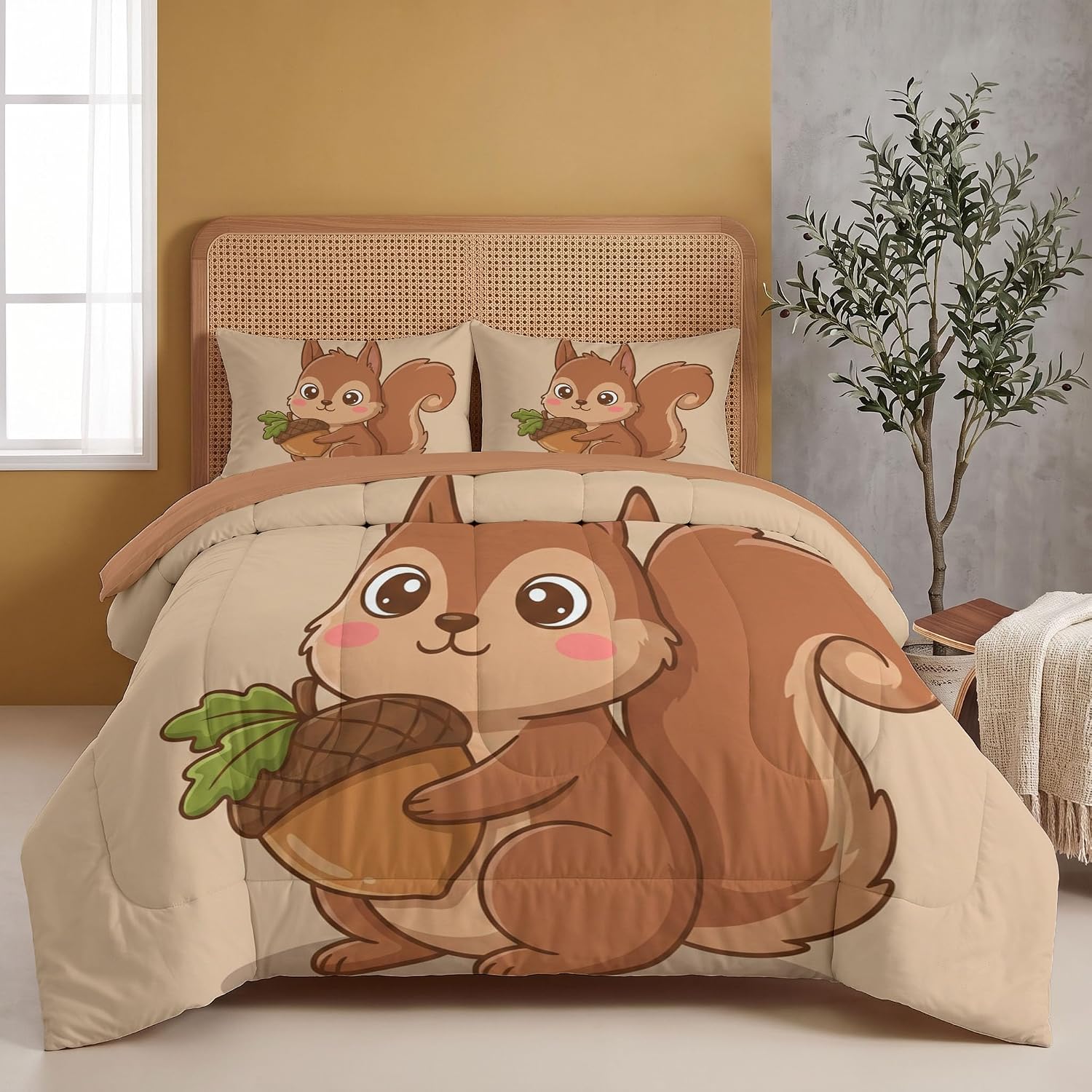 Cartoon Style Comforter Set King Size, Q-Version Pine Tree Bedding Set for Girls Boys, Brown Quilt Bed 104"X90" Bedding Comforter Sets with 2 Pillowcase Room Decor