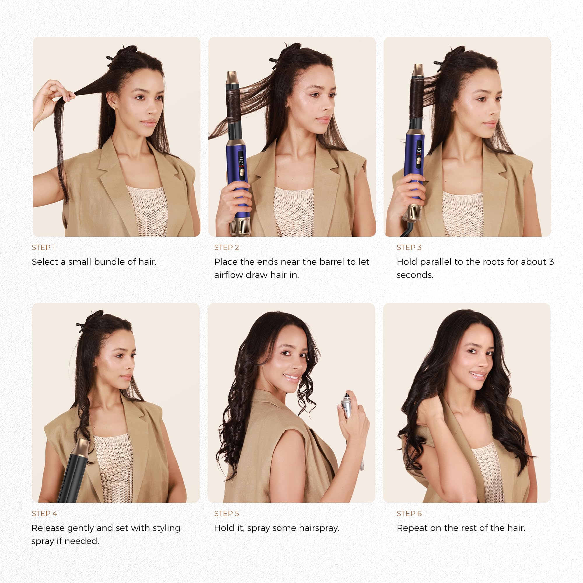 UKLISS Hairstyler 6 in 1 Air Styler Set [mit Diffusor], Pro Hair Styler Set | LCD Display 1000w Haartrockner mit Diffusor, Air Lockenstab Rundbürstenföhn, Föhnbürste, Glättbürste - Gold Blau