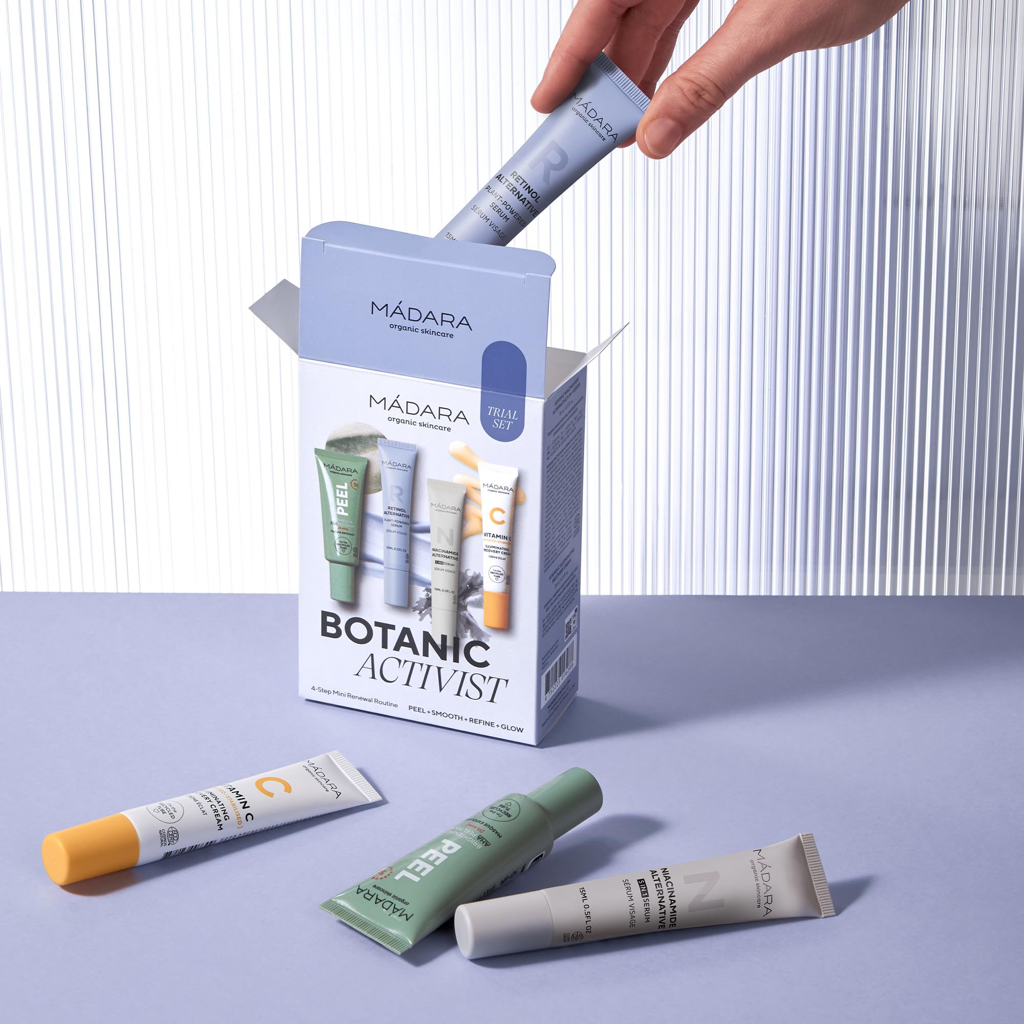 MÁDARA Botanic Activist 4-Stage Mini Renewal Kit, AHA Scrub, Retinol Alternative, Niacinamide Serum & Vitamin C Cream - Image 3