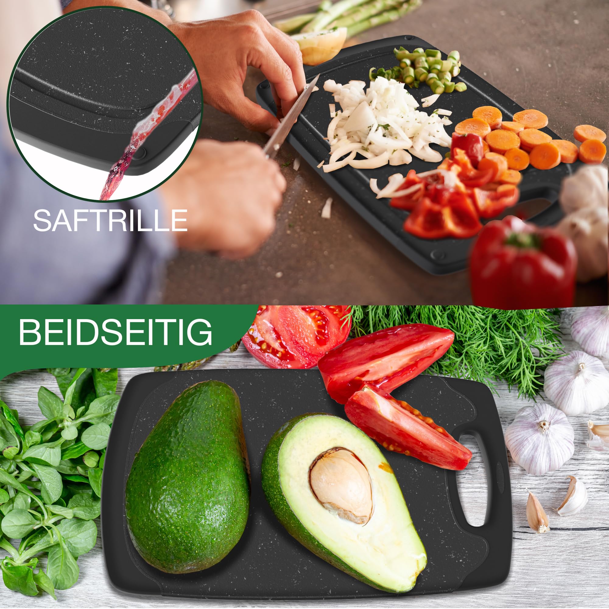 Frühstücksbrettchen 4-er Set mit Ständer 24x14 cm, schwarz-schwarz spülmaschinenfest beidseitig rutschfest mit Saftrille und Griff Schneidebrettchen Kunststoff klein antibakteriell