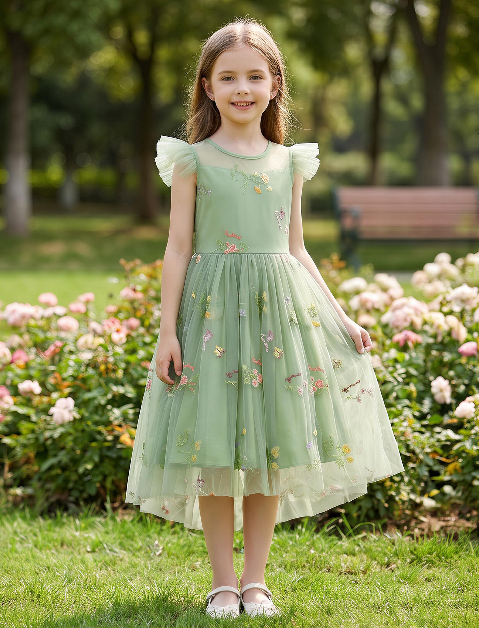 IBTOM CASTLE Mädchen Tüllkleid Rüschenärmel Blumenstickerei Stern Pailletten Tutu Kleider Geburtstag Hochzeit Party formelles Outfit