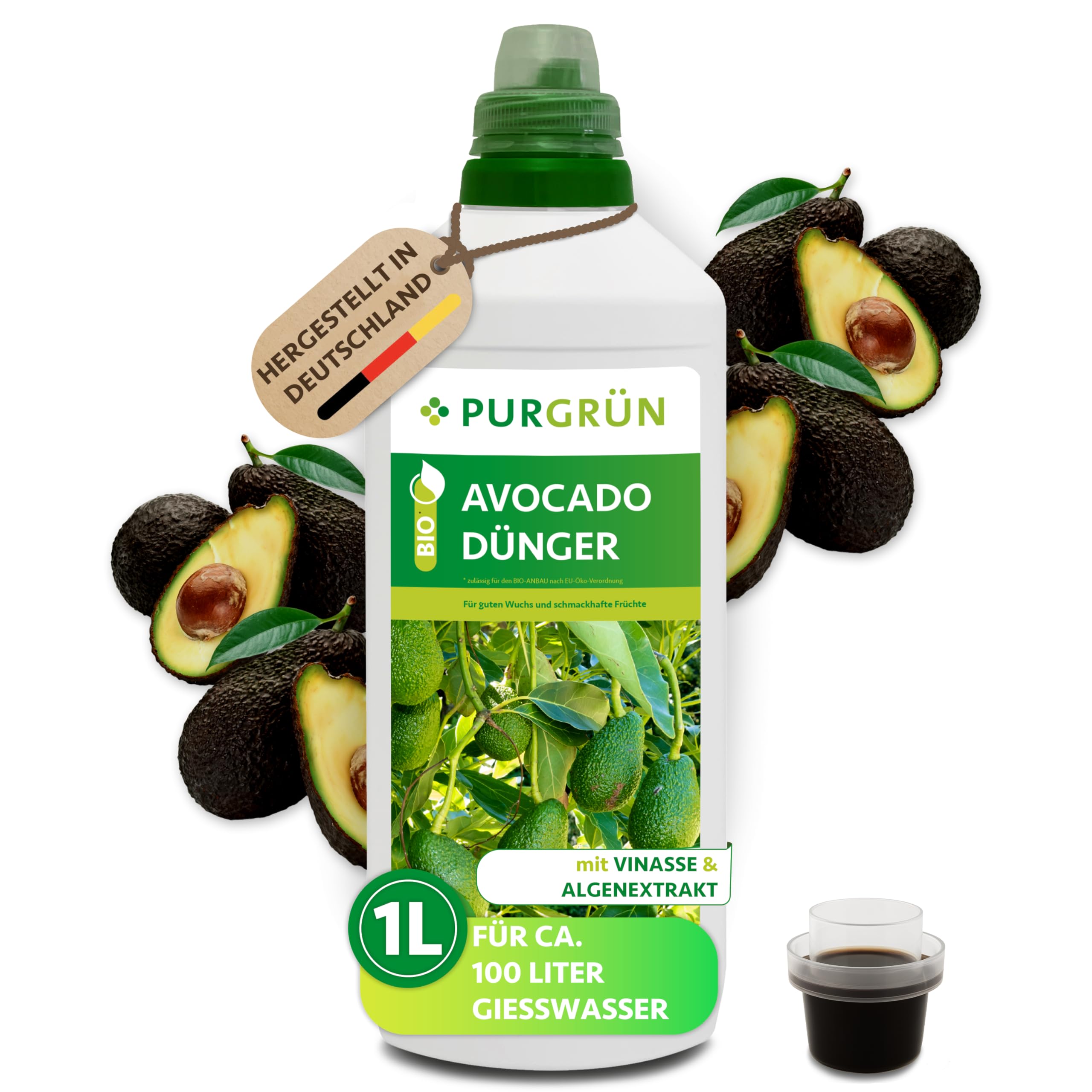 Bio-Avocado-Dünger 1 Liter – Organische Rezeptur – Premium-Flüssigdünger – NPK 4+1+7 – Mit Algenextrakt & Vinasse – Extra Kalium für prächtige Avocados – Ohne tierische Inhaltsstoffe