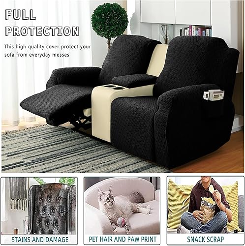 Miniatura 3 de Funda de sofá reclinable elástica para sofá reclinable de 2 asientos, protector de muebles de jacquard grueso con bolsillos (negro)