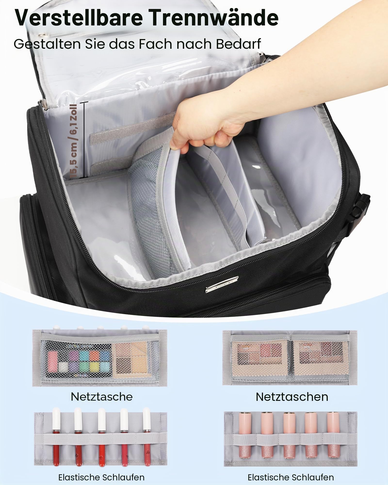 Relavel Makeup-Rucksack, große Make-up-Tasche mit 3 klaren Sets, Doppelwandige professionelle Kosmetiktasche für Reise-Train-Case, Make-up-Artist-Set mit verstellbaren Fächern