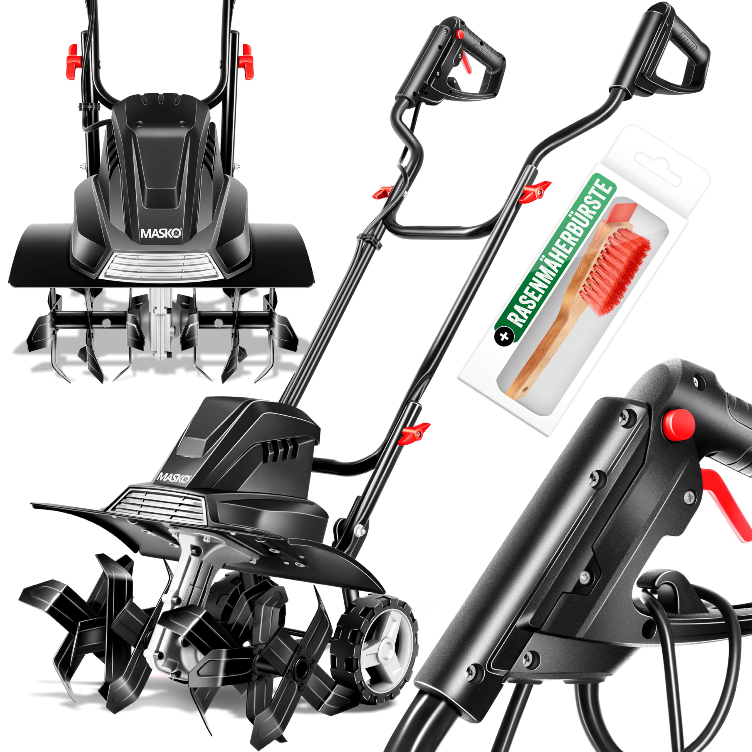 MASKO® Motorhacke elektrisch | Gartenfräse 1500 Watt 40cm Breite 20cm Tiefe | Bodenhacke Ackerfräse Kultivator | Elektro Hacke | klappbarer Handgriff Metallgehäuse | Transporträder & Zubehör | schwarz