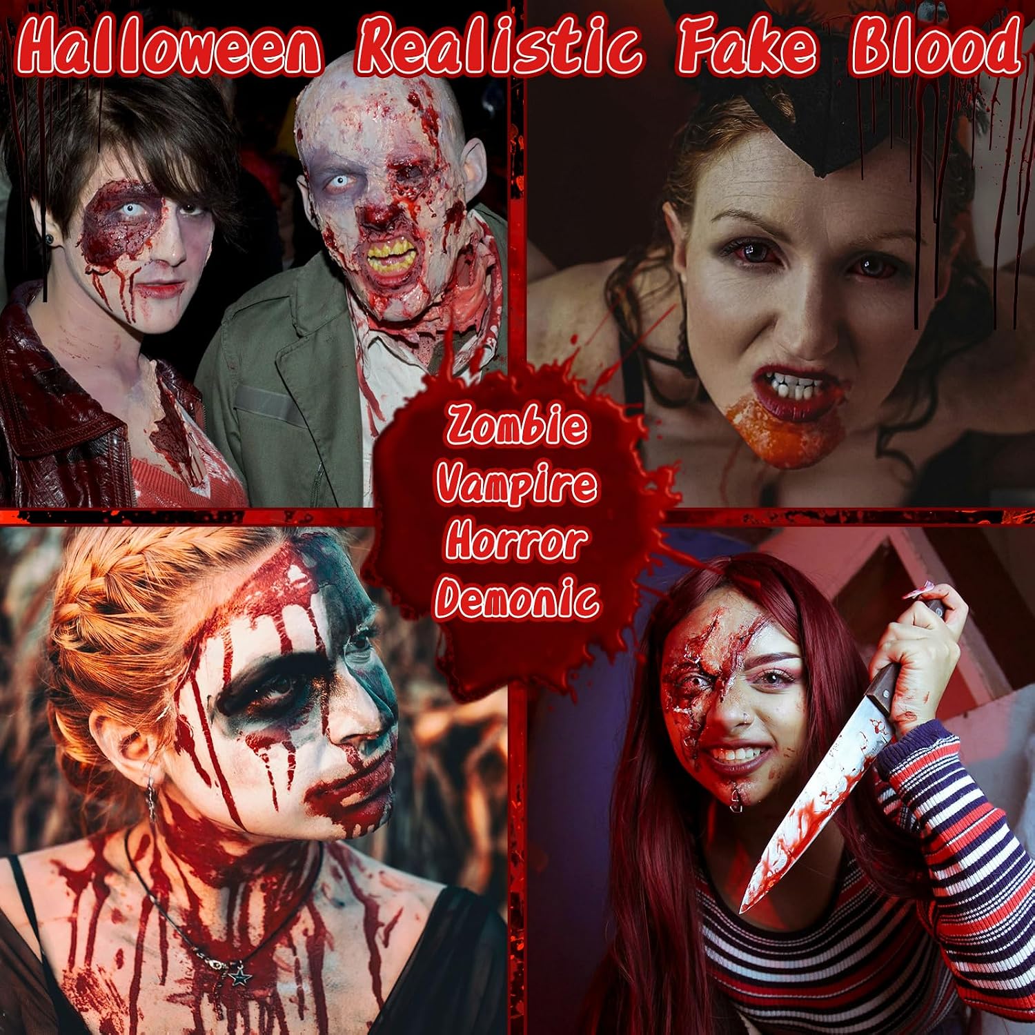 TonJin Halloween Fake Blood Makeup Kit, 3PCS Realistic Washable Costume Blood Set (1.69oz Spray + 1.69oz Dripping + 1.01oz Coagulated ) for Zombie Vampire SFX, Dark Coagulated & Fresh Spray Effects