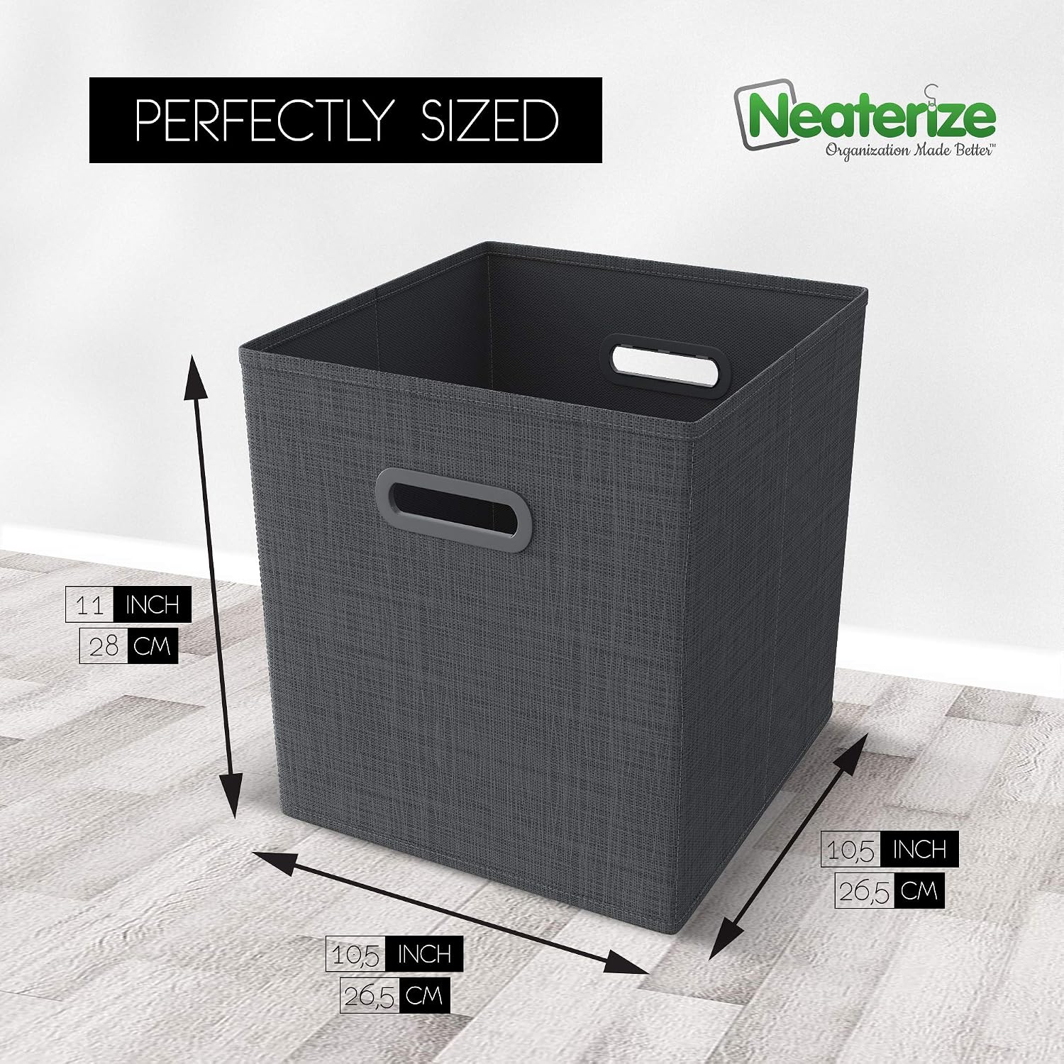 NEATERIZE Storage Cubes - Set of 6 Storage Bins | Features Dual Plastic Handles | Cube Storage Bins | Foldable Closet Organizers and Storage | Fabric Storage Box for Home, Office (Dark Grey)