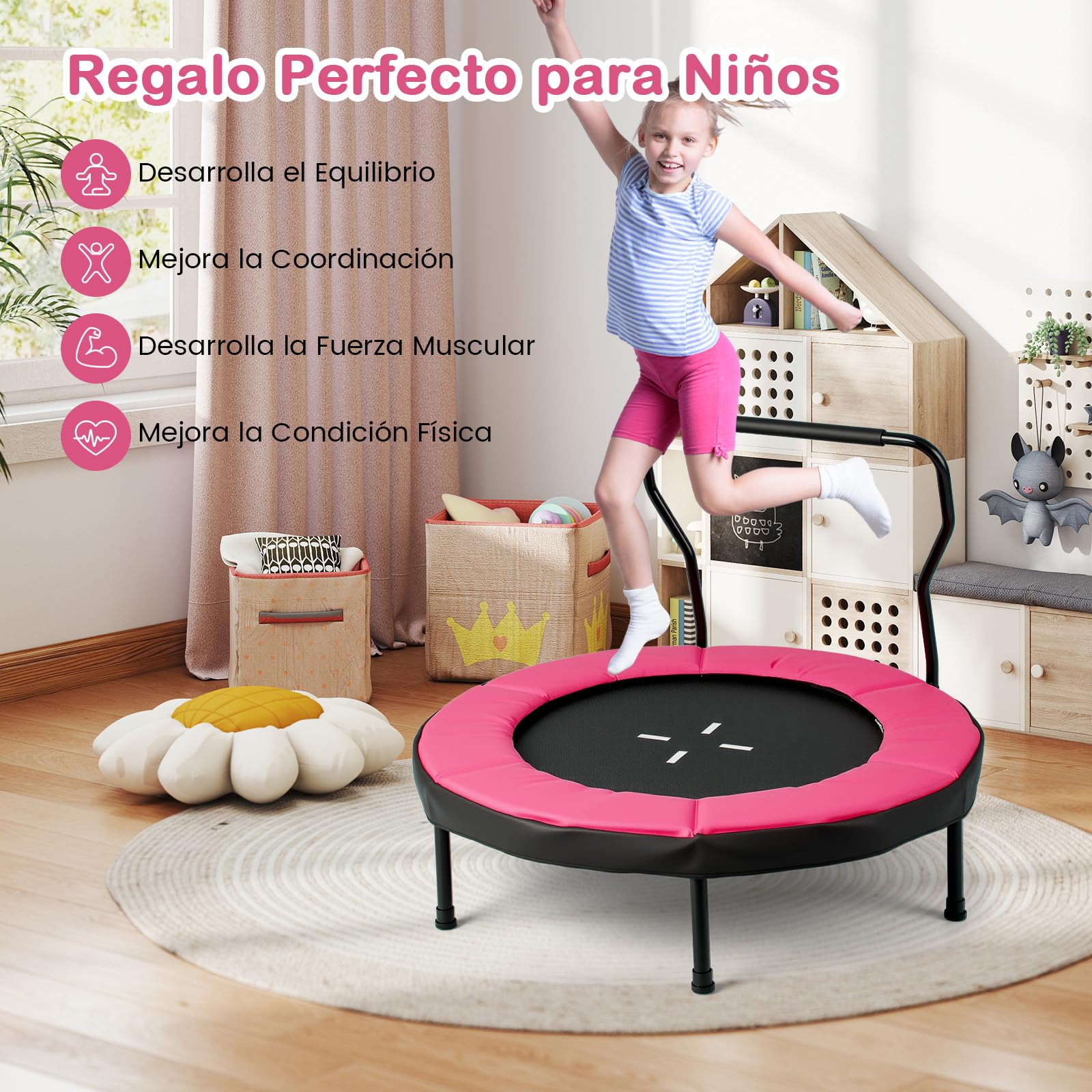 GYMAX Mini Trampolín, Cama Elástica Infantil con Barandillas, Pies Antideslizantes para Interior y Exterior, Niños de 3 a 6 Años, Capacidad de 100 kg