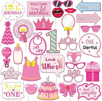 30Pcs Pink Girls 1st Birthday Photo Booth Props Kit, Gender Reveal Decorations Camera Props, New Dad New Mom It s a Girl Party Photography Supplies