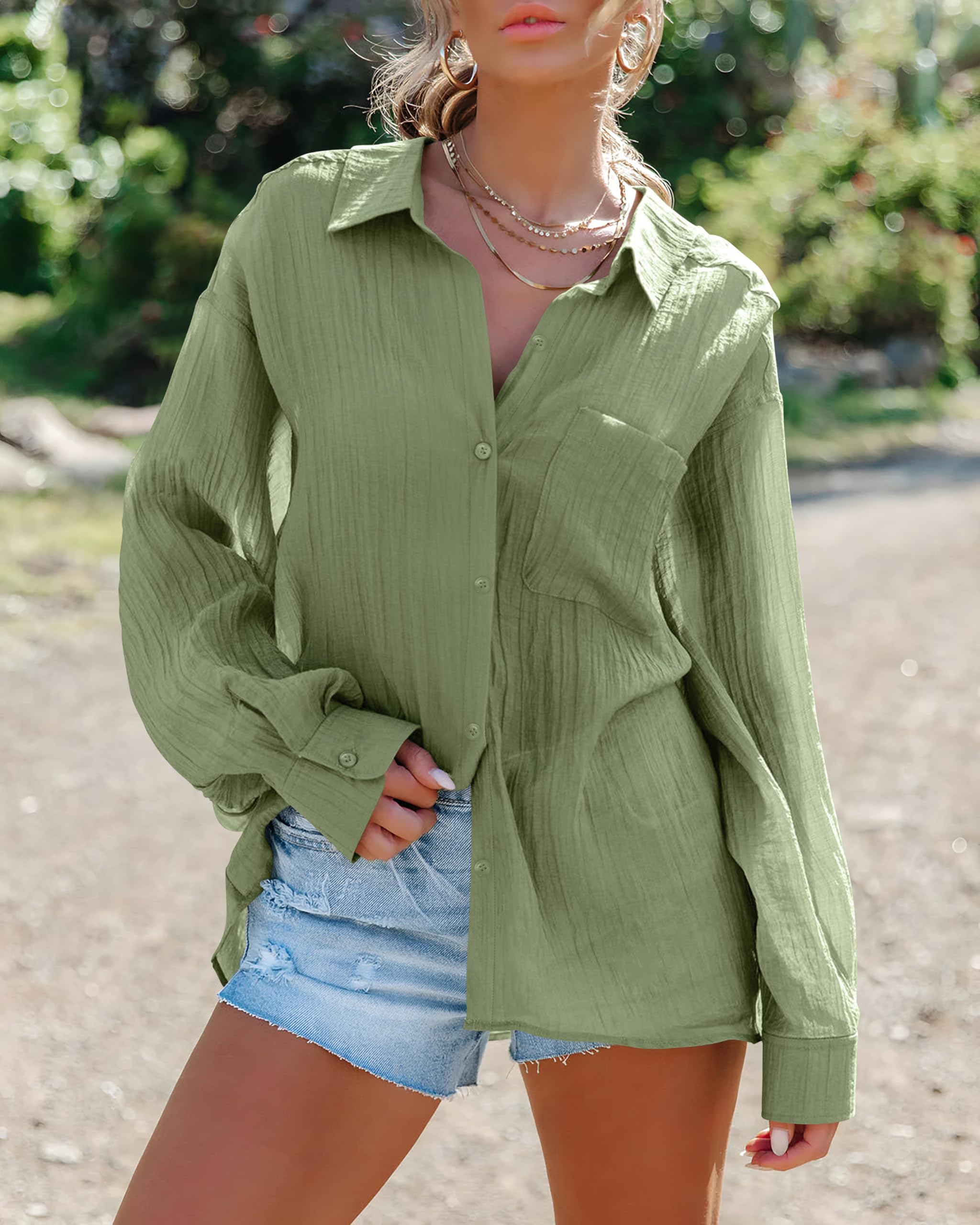 Camicia da donna a maniche lunghe, elegante, con scollo a V, casual, in lino, con bottoni, con tasche sul petto