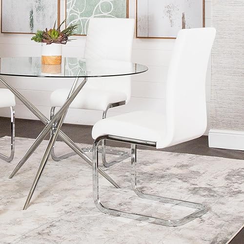 Miniatura 4 de Sunset Trading Mist Sillas de comedor de piel sintética Base voladiza de cromo pulido en forma de S Asientos de piel sintética acolchada blanca y