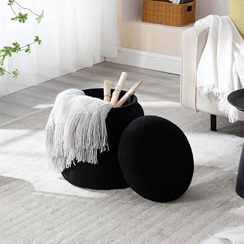LZAREAL 15 Inch Round Storage Ottoman Modern Footrest with Soft Padded Seat, Foot Stool Vanity Stool for Living Room/Hallway/Makeup/Bedrooms, Boucle Ottoman Seat, Teddy Black