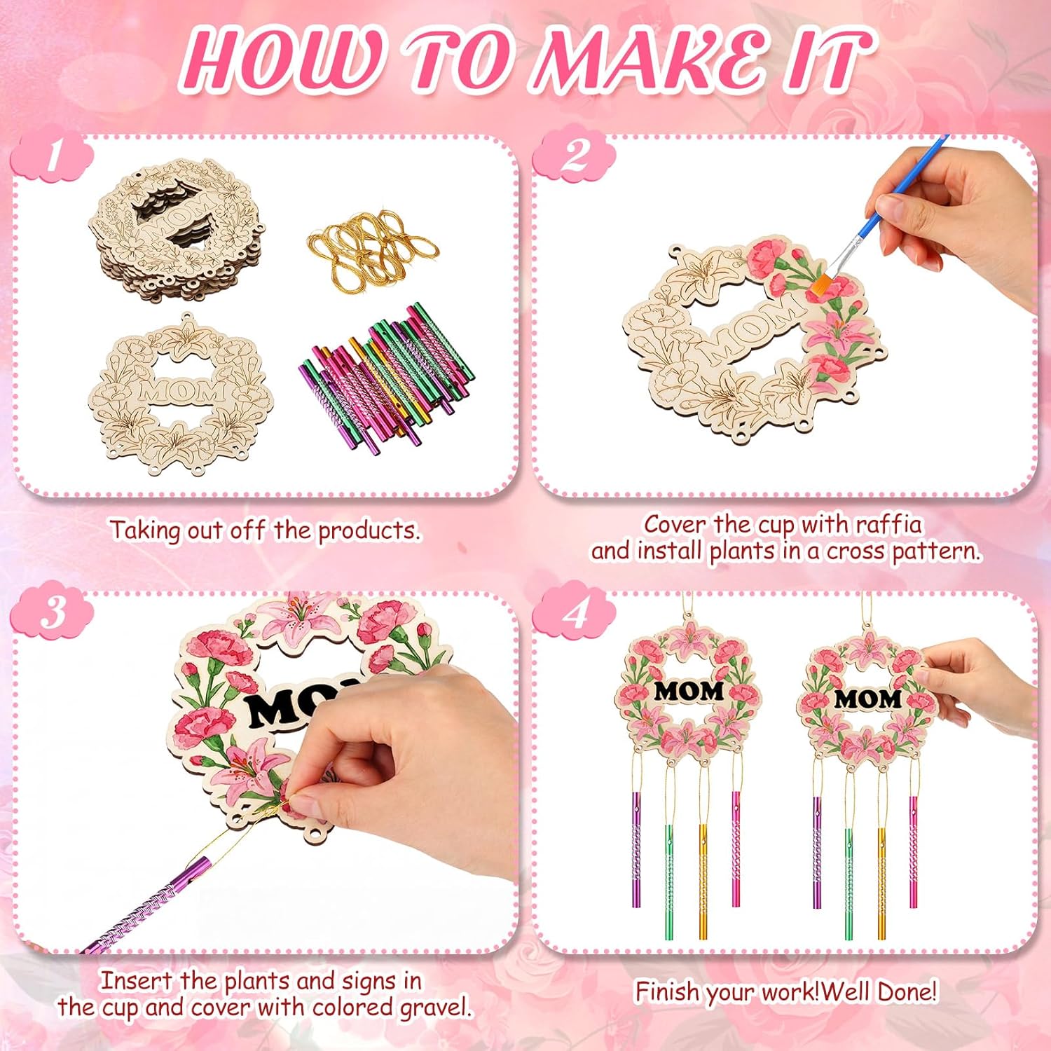 Jetec 30 Packs Mother's Day Crafts Bulk Rainbow Wind Chime Kits Mothers Day DIY Gifts Coloring Your Own Ornaments Wooden Arts and Crafts for Mom