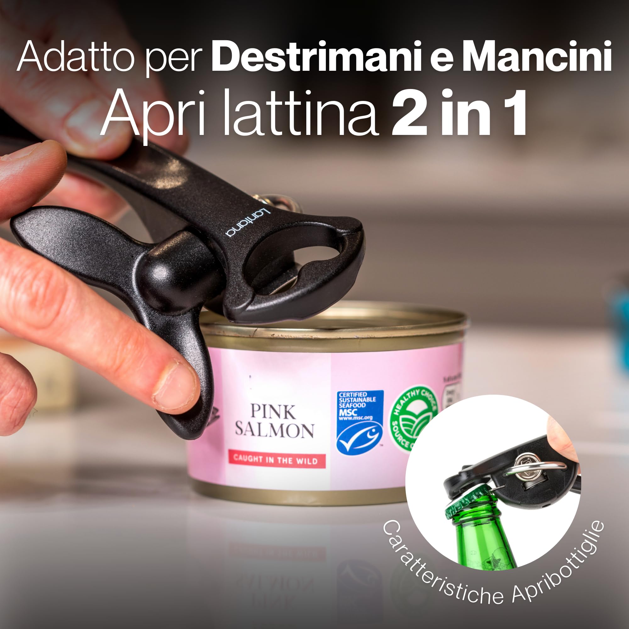 Apriscatole e apribottiglie 2 in 1 in acciaio inox nero bordi non affilati