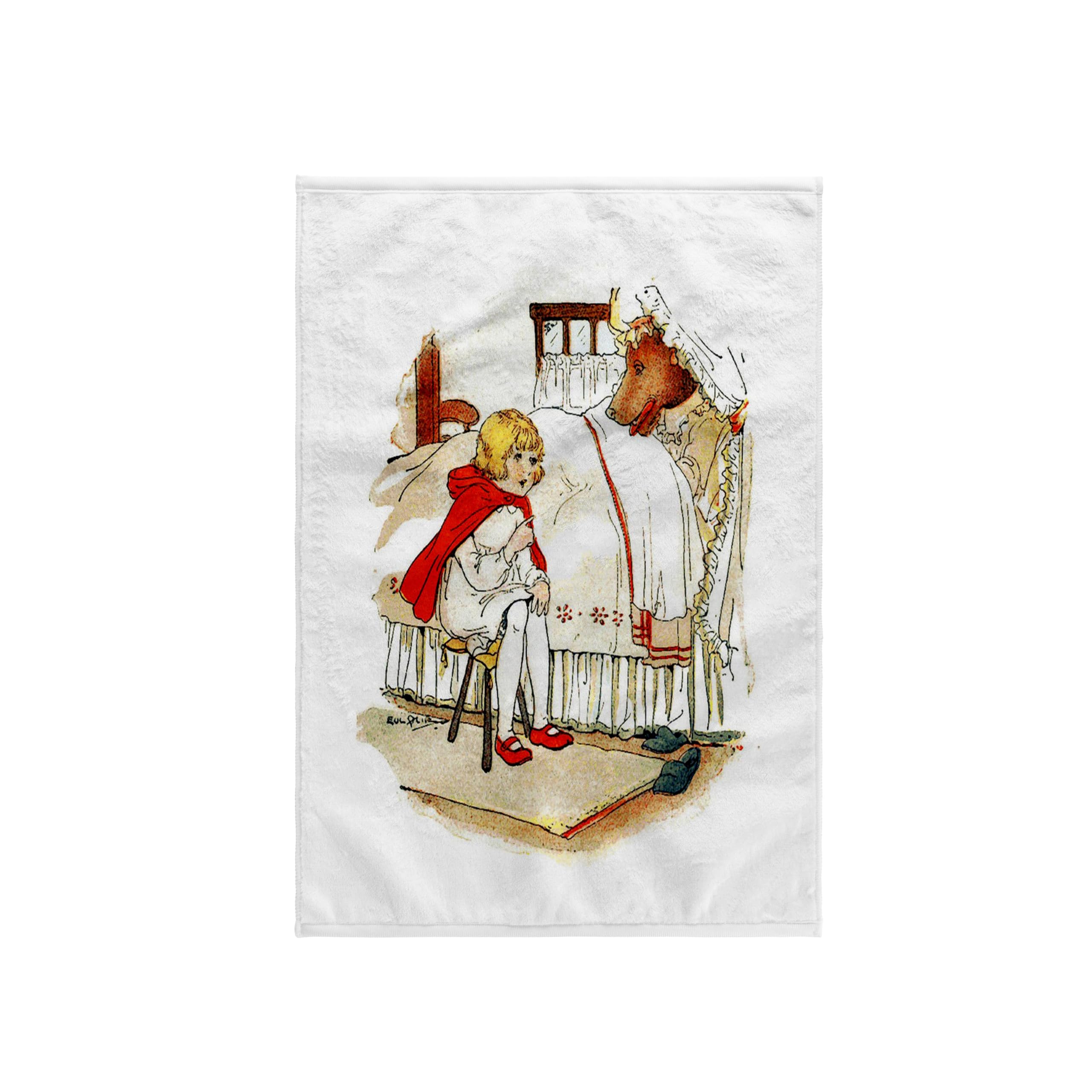 3dRose 15x22 Hand Towel - Vintage Red Riding Hood Meets The Wolf Nursery Rhymes n Fairytales