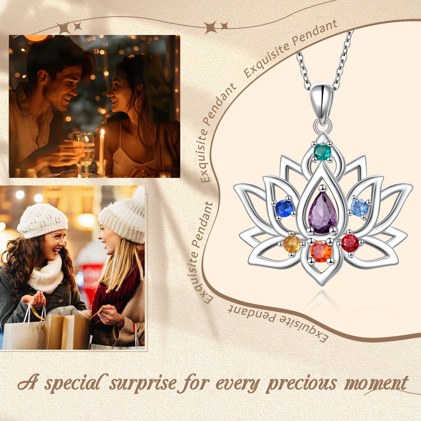 Flyow Juego de joyas Lotus Chakra de plata de ley 925 con 7 chakras, pendientes y collar de yoga, flor de loto, regalo para mujer, 0,87*1,03 Zoll, Plata esterlina