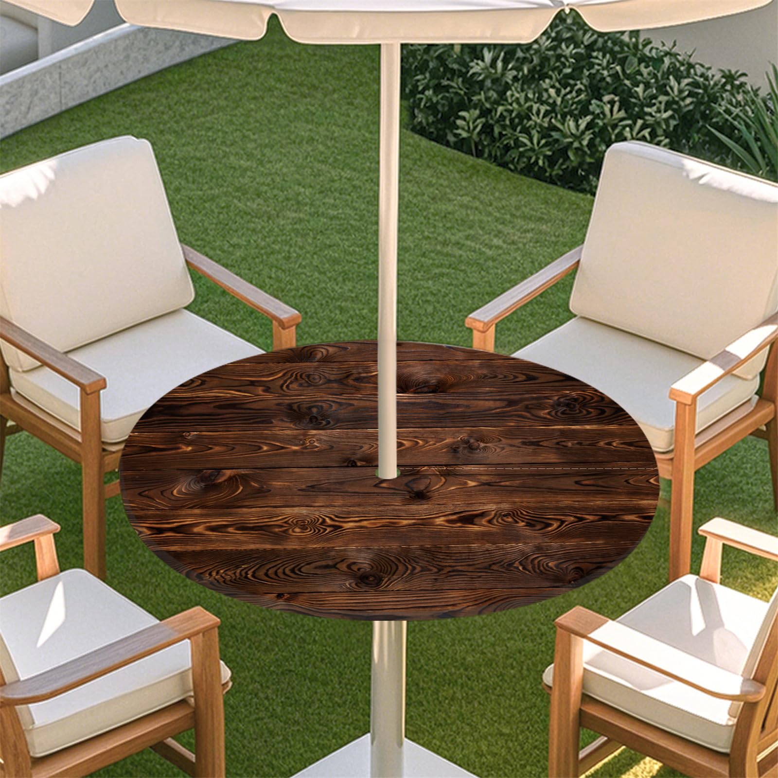 Odot Outdoor Round Tablecloth with Parasol Hole and Zipper Wood Grain Elastic Edge Round Fitted Tablecloth Protector Waterproof Wipe Clean Table Cover for Garden, Party (Brown,M:91-112cm)