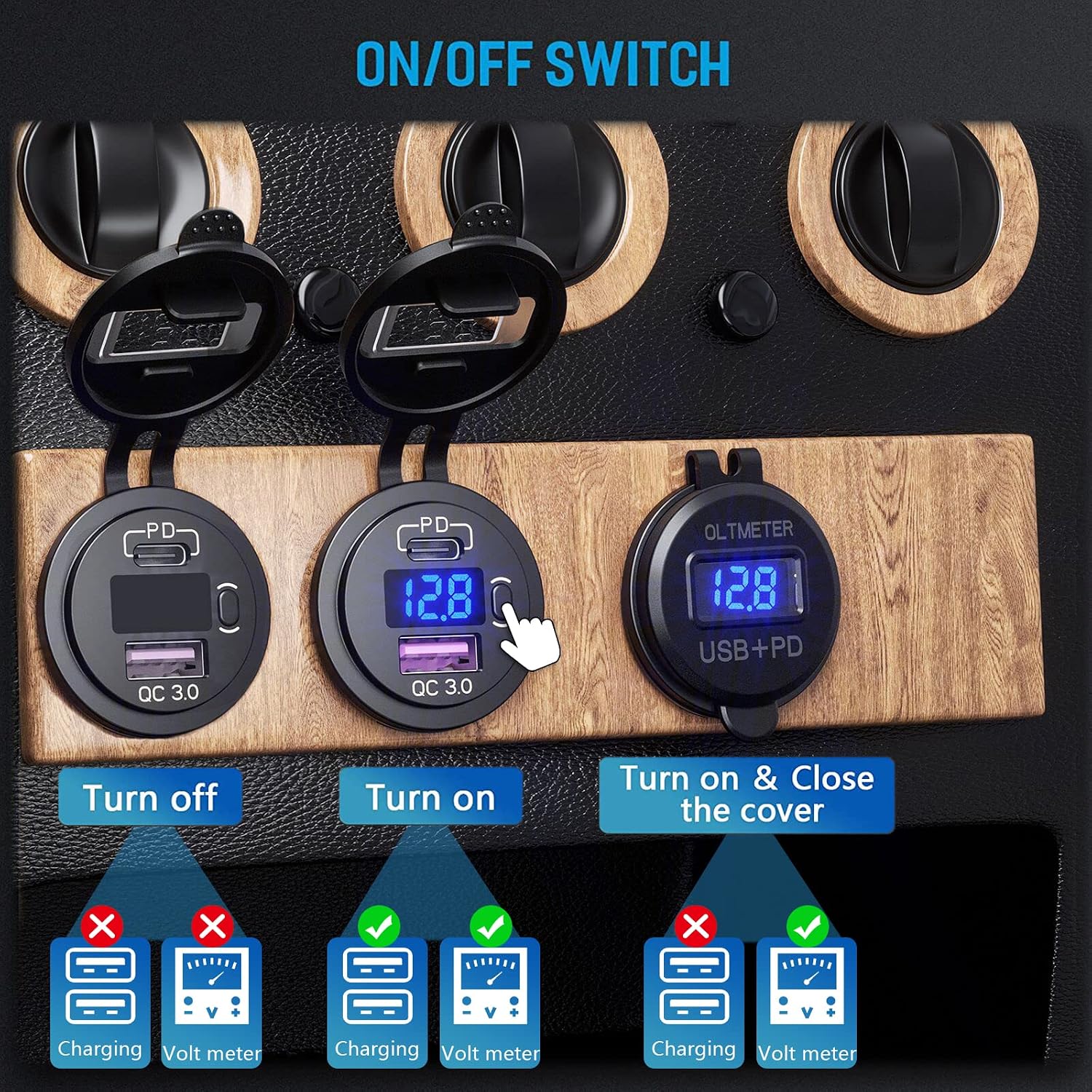 USB C Car Charger Socket 2Pack,48W 12V/24V Type-C PD3.0&QC3.0 USB Outlet with LED Voltmeter and ON/Off Switch for 12V/24V Car, Boat, Marine, RV, Truck, Golf