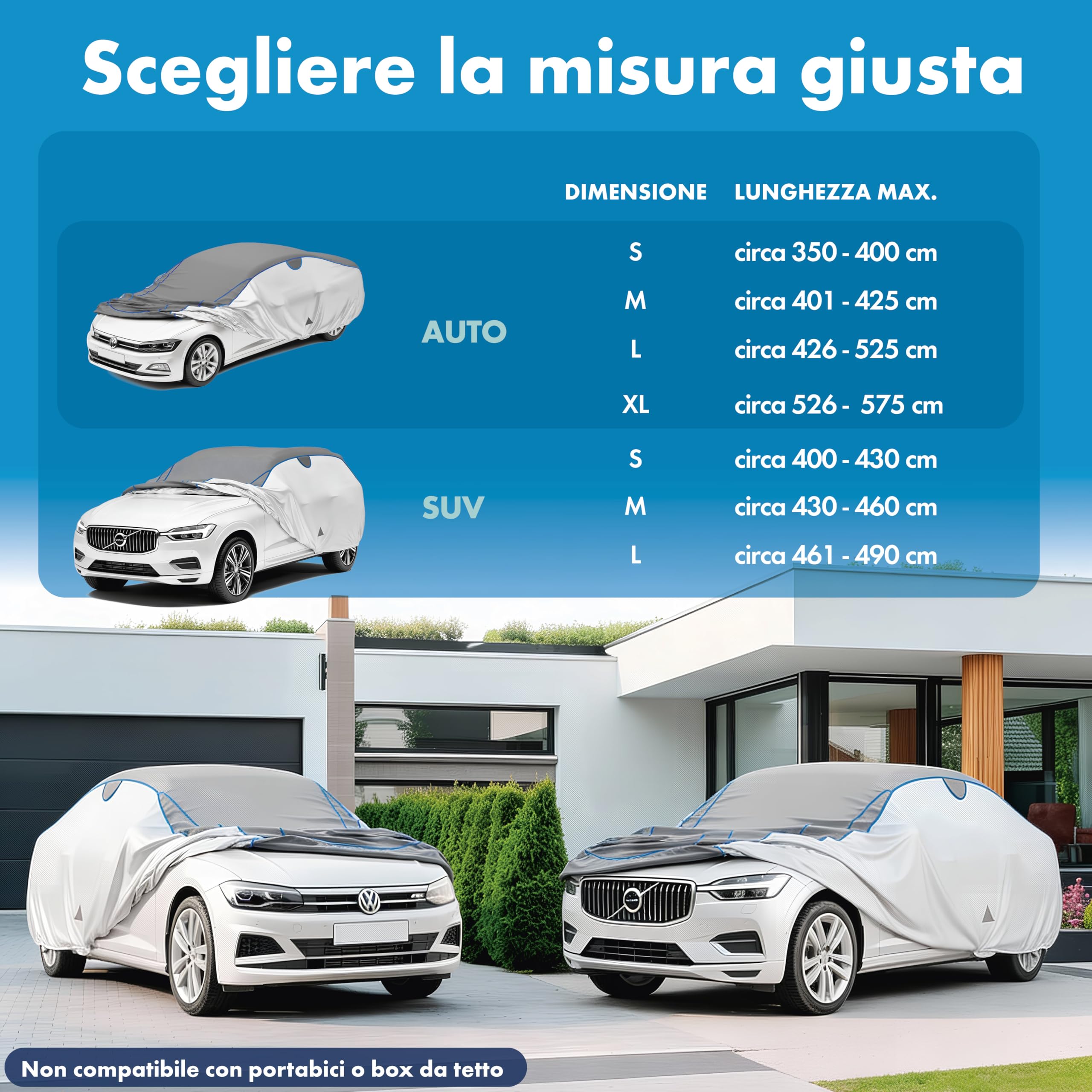 WALSER telo copriauto antigrandine, copertura antigrandine auto, copertura auto idrorepellente, copriauto completo per esterni, telo rivestimento veicolo veicolo M lunghezza max. 401-425 cm