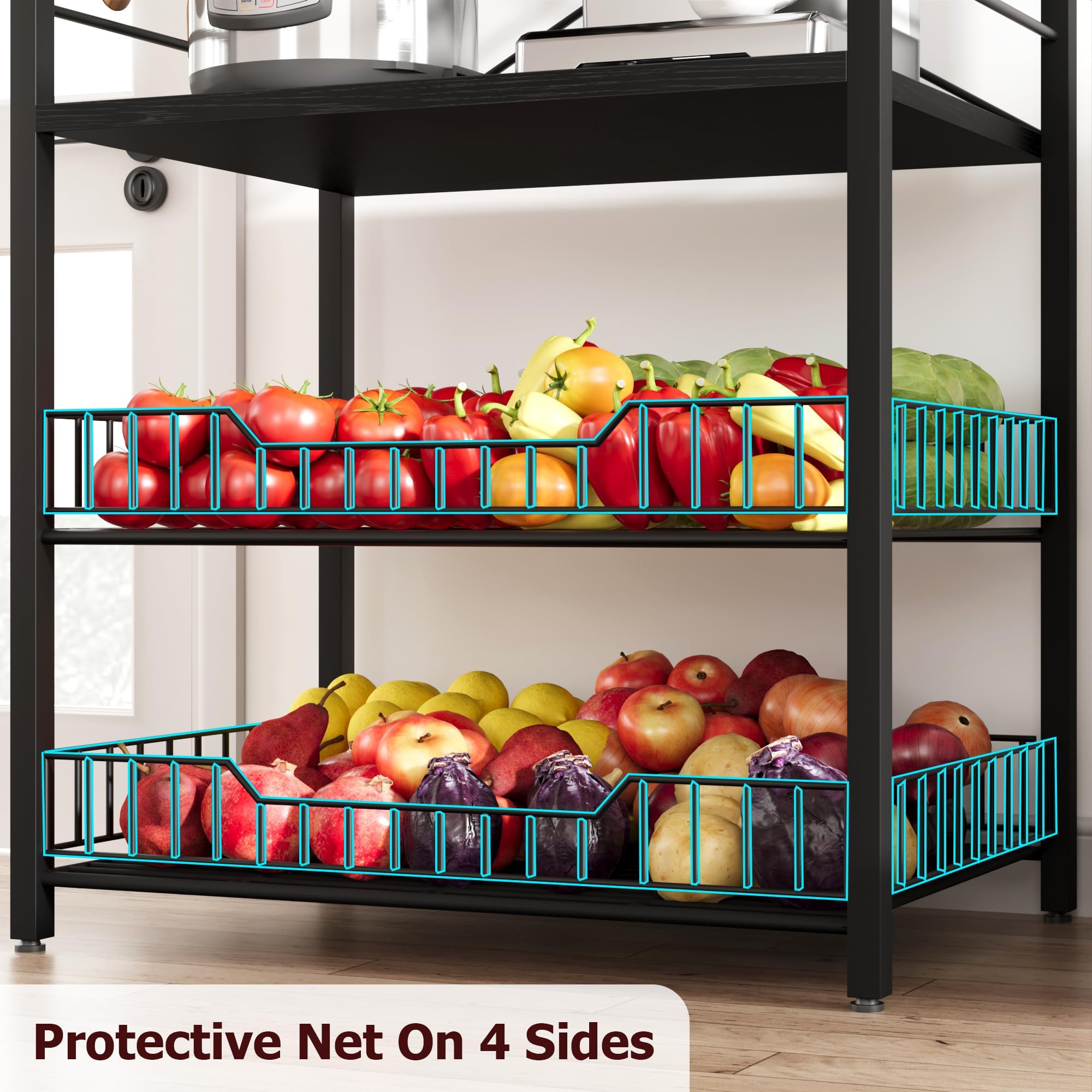 Garvee Estante industrial de cocina de 5 niveles con soporte para microondas – Estante negro con 2 cestas grandes y 8 ganchos para organizar especias y ollas