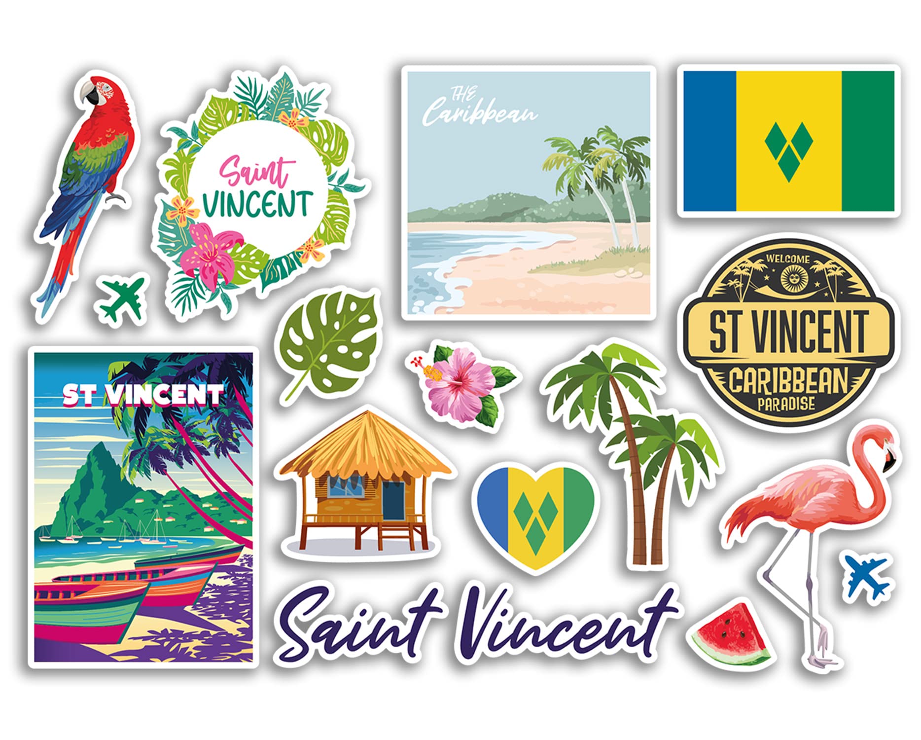 Dv Design Multi A5 Sticker Sheet Saint Vincent Landmarks Vinyl Stickers - St Caribbean Beach Summer Tropical Coast Flamingo Airport Stamps Skyline Flag Map Travel Holiday Scrapbooking Luggage #79213