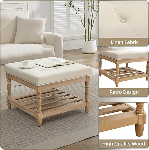 Miniatura 4 de UEV Juego de 2 mesas de centro otomanas cuadradas, tapizada con reposapiés otomana de almacenamiento, mesa de centro con estante de madera y patas