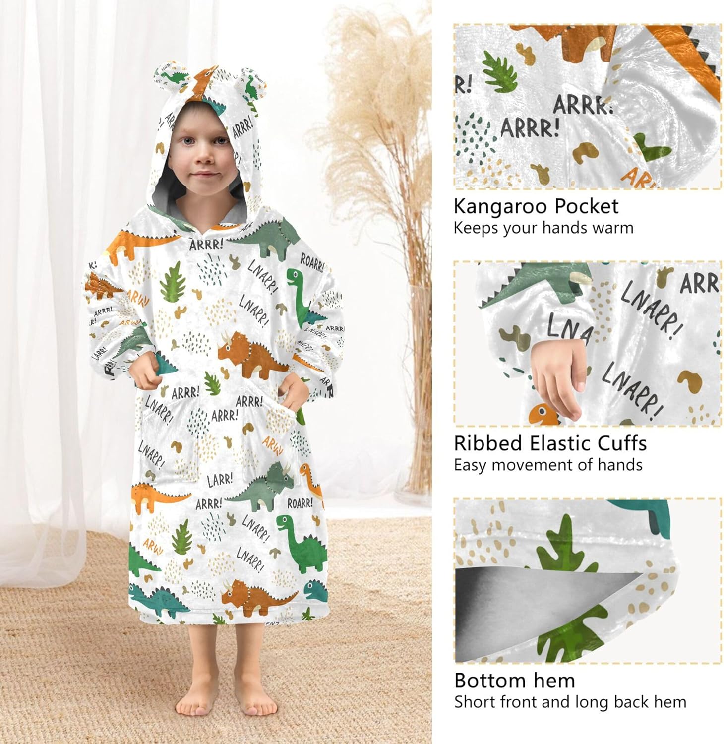 Cute Dinosaur Kids Wearable Blanket Hoodie with Pocket and Sleeves for Toddlers, Cute Hoodies Girls Boys B0404085