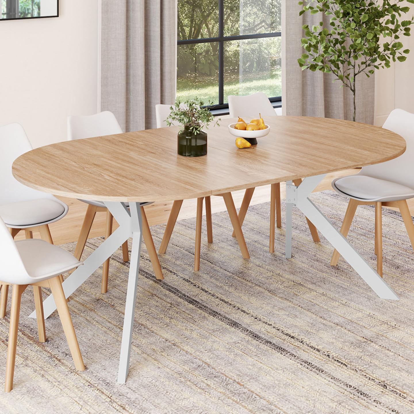 IDMarket - Mesa de comedor extensible, redonda, Alix, para 4-10 personas, base en forma de pata de araña, madera y blanco, 110 – 200 cm