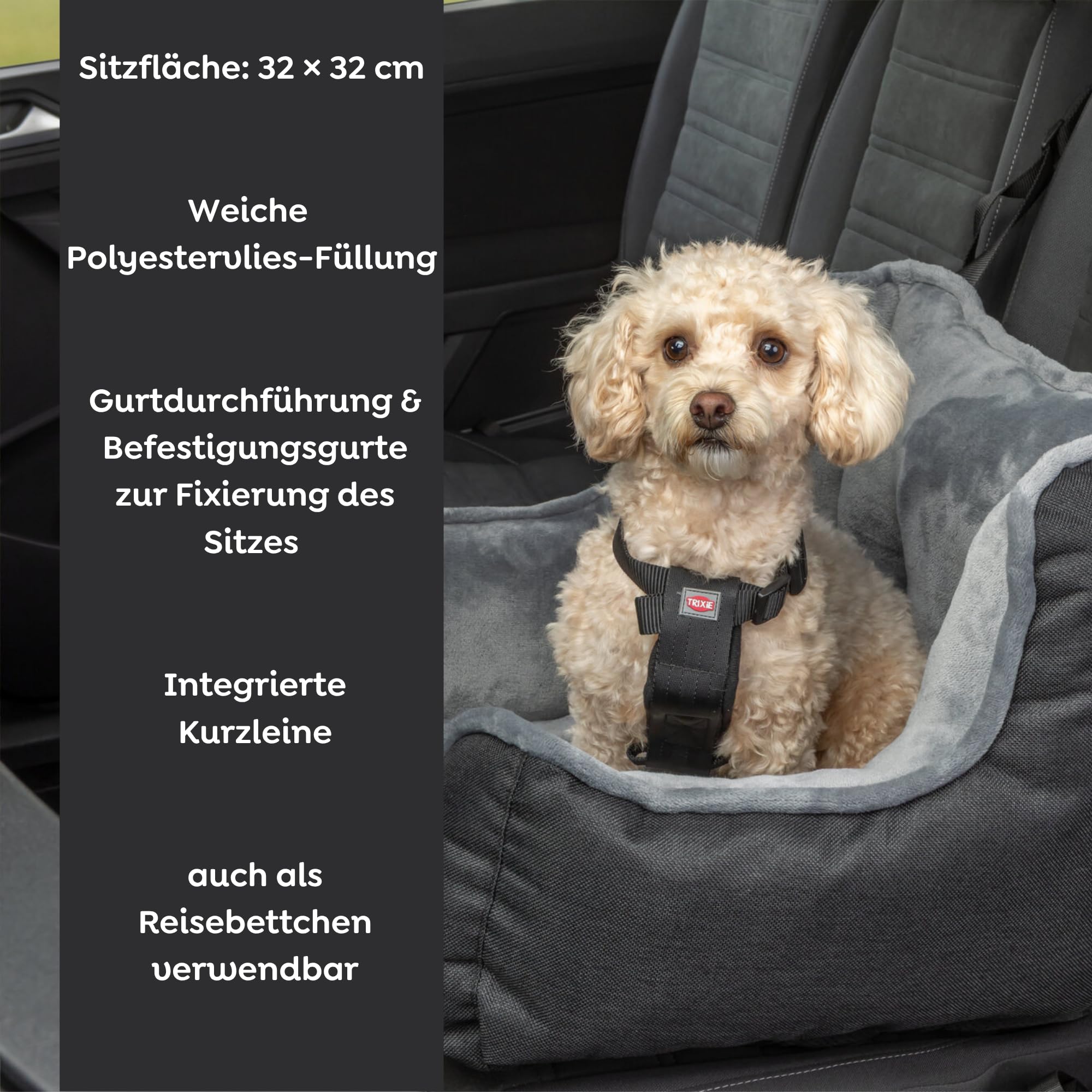 TRIXIE Autositz für Hunde - auch als Reisebettchen - Befestigungsgurte für Fahrzeugsitz - Gurtdurchführung - weich gepolstert - waschbar bei 30 °C - 50 x 40 x 50 cm - 13179