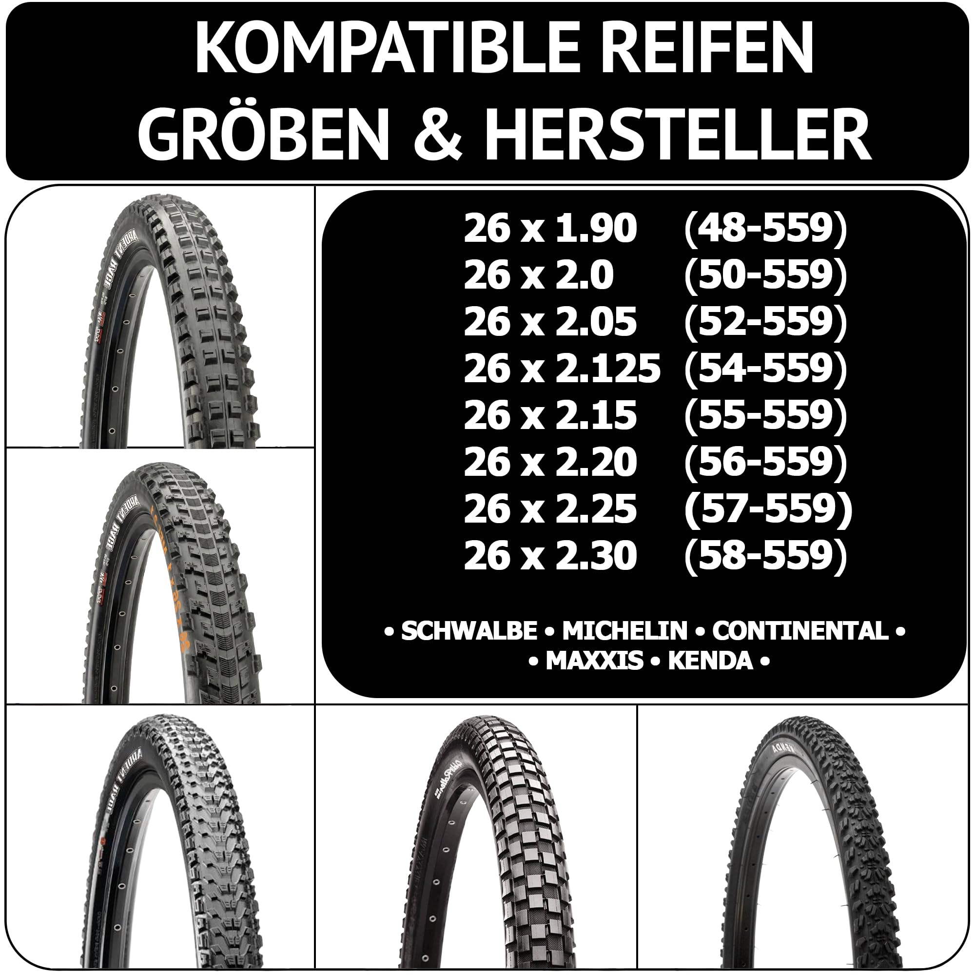 Juego de cámaras de aire para bicicleta de 26 pulgadas, para válvulas AV SV DV, 26 x 1,90 hasta 26 x 2,30 cm, bicicleta de montaña, trekking City, incluye palanca de montaje y tapas luminosas — view 4