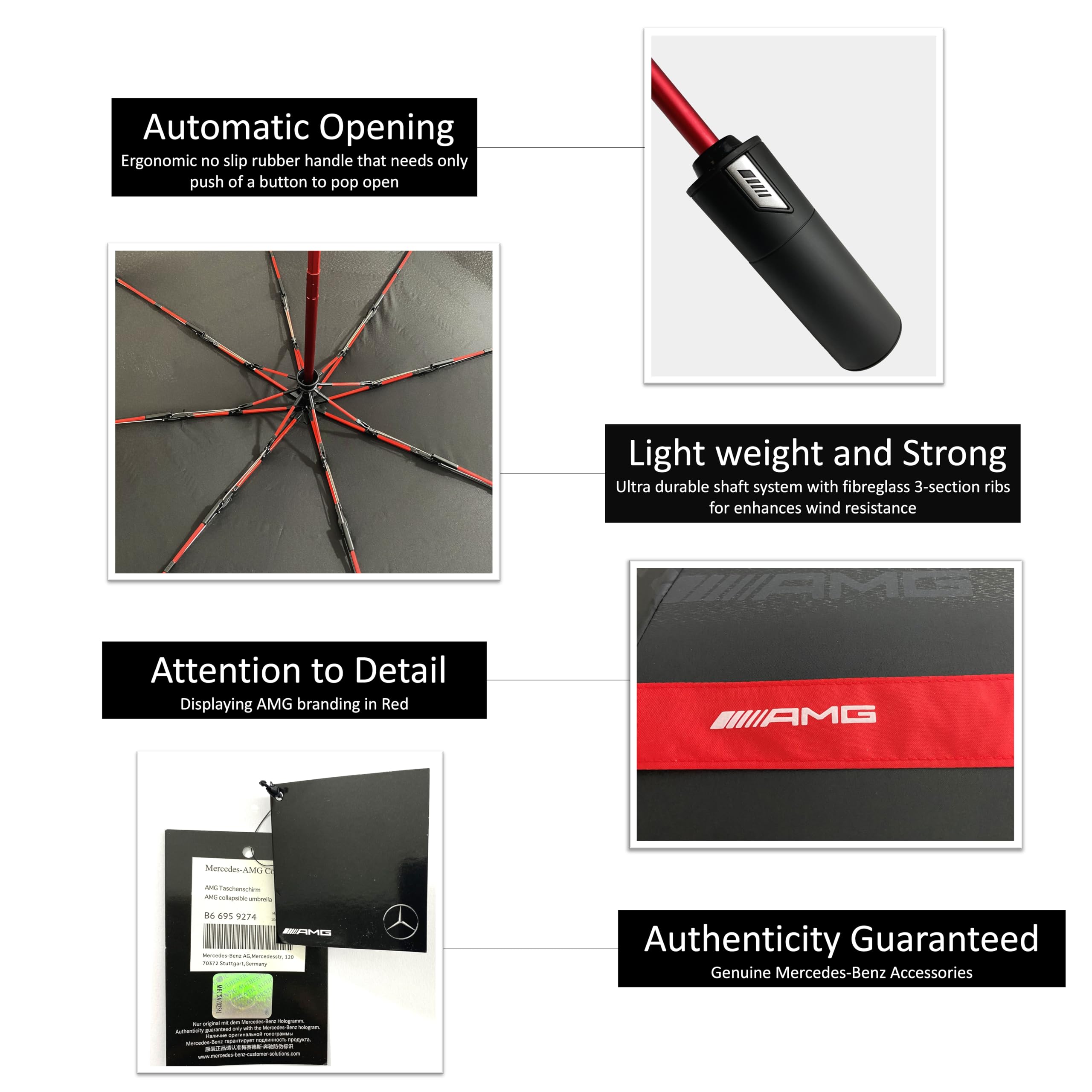 Paraguas Plegable AMG Auténtico – Antiviento, Apertura y Cierre Automáticos, Compacto de Viaje, Diseño Negro y Rojo Premium, Resistente y Ligero para Todo Clima