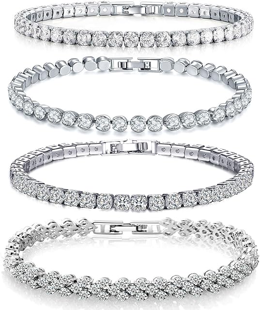 DTWAWA 4 Pieces Silver Tennis Bracelets for Women, White Crystals Diamond Cubic Zirconia Classic Eternal Bangle Gifts