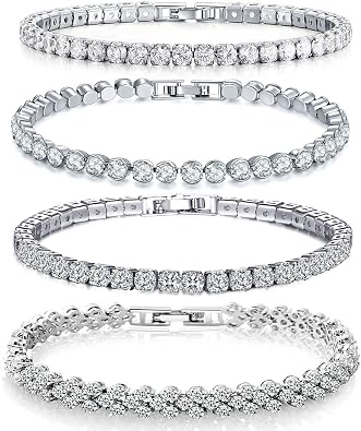 4 Pieces Silver Tennis Bracelets for Women, White Crystals Diamond Cubic Zirconia Classic Eternal Bangle