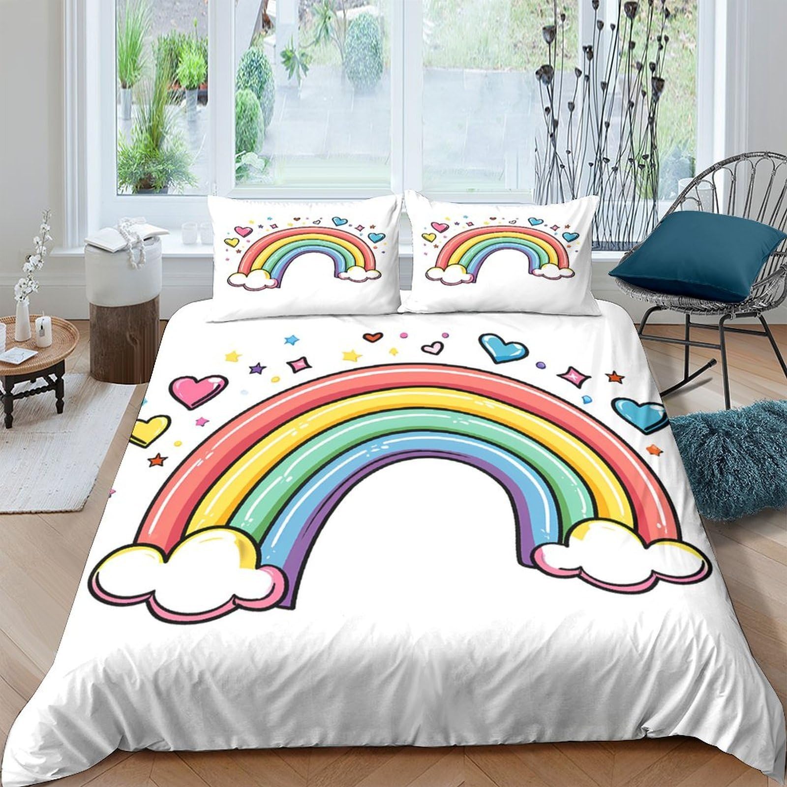 Ctjqhvkz Style-10 3D Printed Rainbow Clouds Fitted Sheet Microfiber Soft Colorful Love Hearts Bed Cover For Bedroom Guestroom Dorm Decor Single（135X200cm）