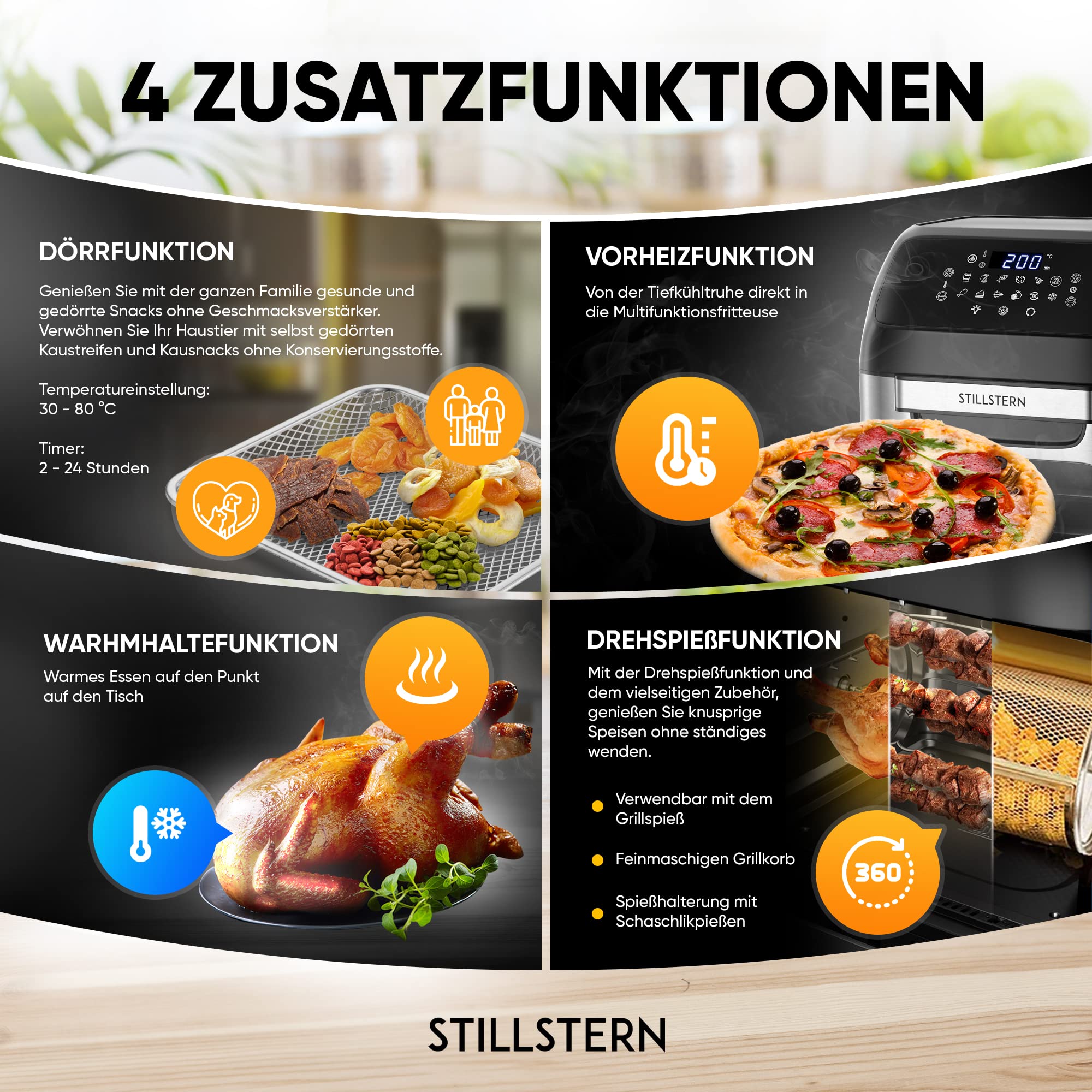 Stillstern Heißluftfritteuse XXL 12L mit LED-Touchscreen, Rezeptbuch auf Deutsch, 12 Programme, Vorheizen&Warmhalten, 1800W Heissluftfritteuse AirFryer XXL ohne Öl Dörren Minibackofen Camping Grill