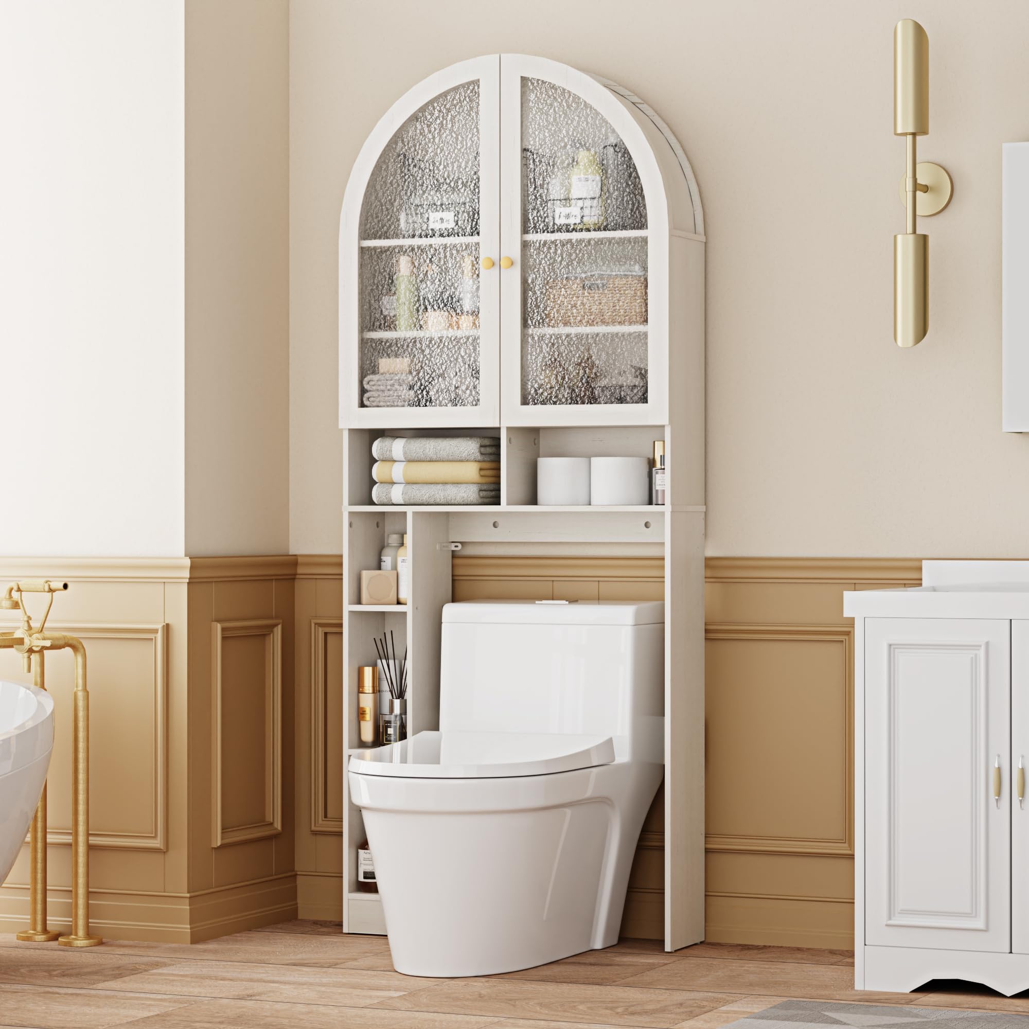BONITURE Over The Toilet Storage Cabinet, 29.7”W Modern Storage Cabinet Over Toilet with Acrylic Doors, Arched Freestanding Over Toilet Rack with