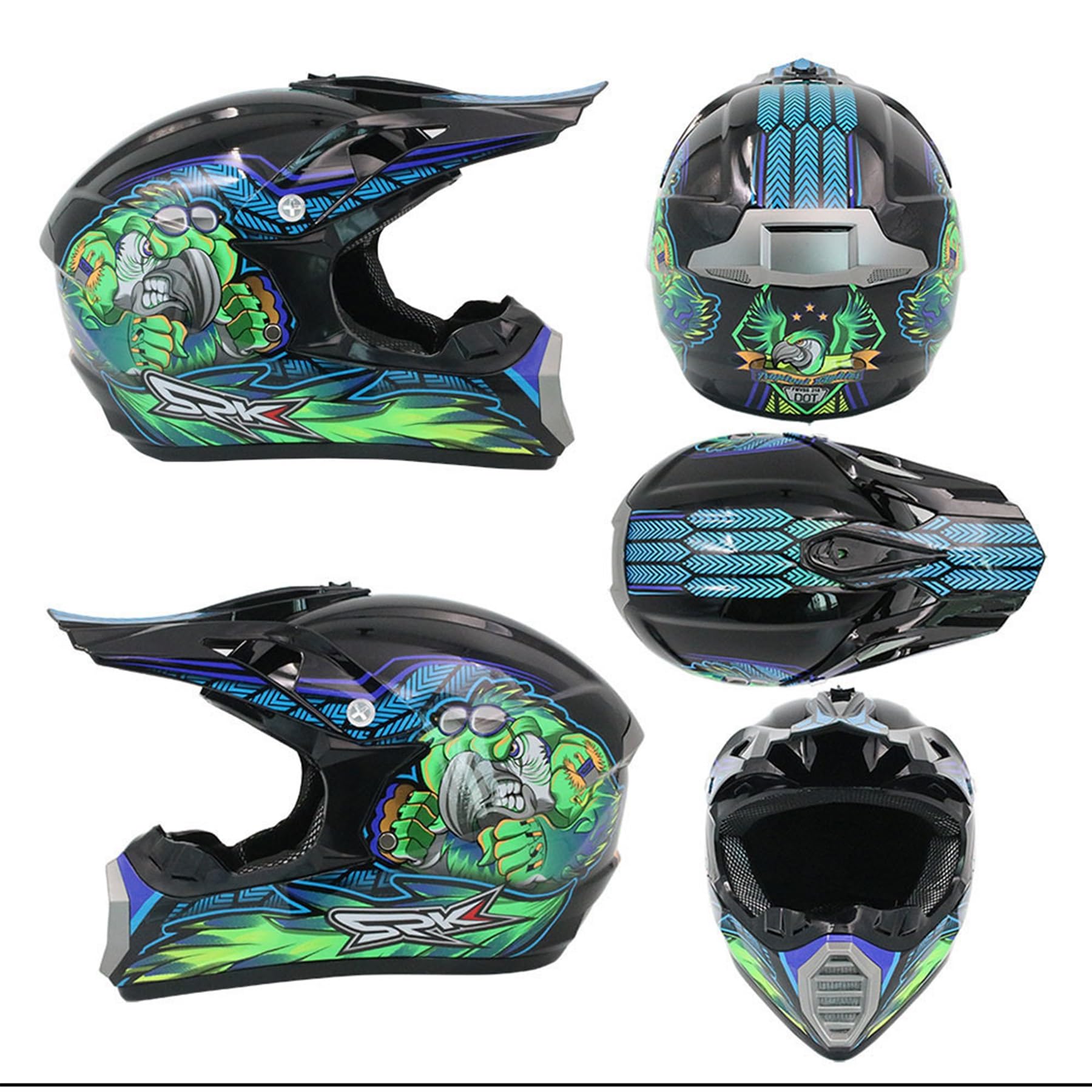 Casco Motocross Set Per Bambini E Adulti, Endurance Race ATV ATV Casco, Casco Di Sicurezza Stereo Traspirante Include Occhiali Guanti Maschera(Blue,XL(58-59CM))