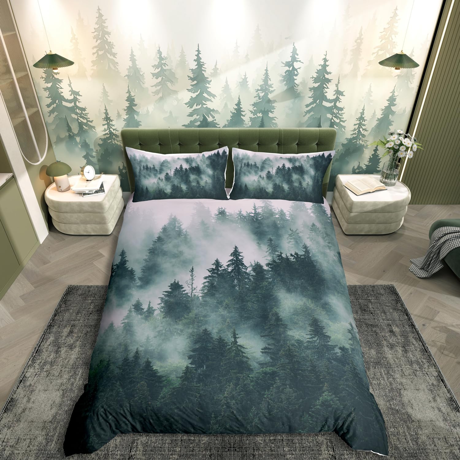 Smoky Mountain Duvet Cover Set Forest Trees Plants Bedding Set Natural Scenery Comforter Cover for Men Adults Landscape Painting Quilt Cover Woodland Decor Bedroom Collection 2Pcs Junior/Cot Bed Size
