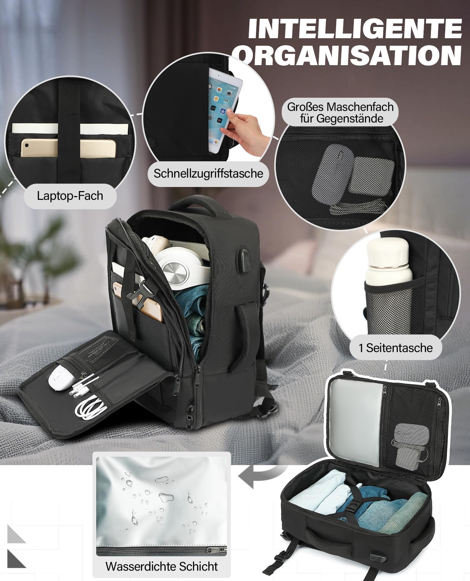 VANKEV Handgepäck 40x30x20 24L Reiserucksack Klein 15.6 Zoll Laptop Rucksack SCHWARZ