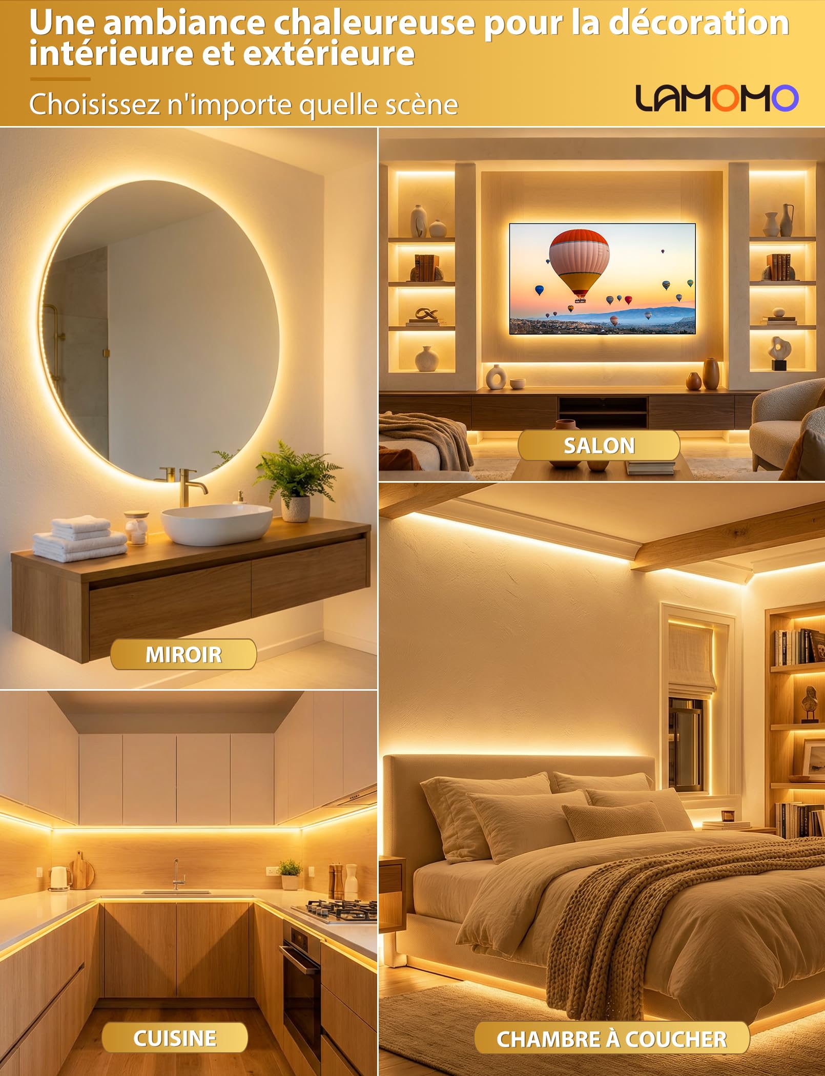 Lamomo Ruban LED COB, Blanc chaud 3M Bandeau Led avec télécommande, 3000K, Largeur 10mm, Dimmable, Silicone, Découpable, IP65 étanche, Flexible, 24V Néon Strip pour Décoration maison, Cuisine, Chambre