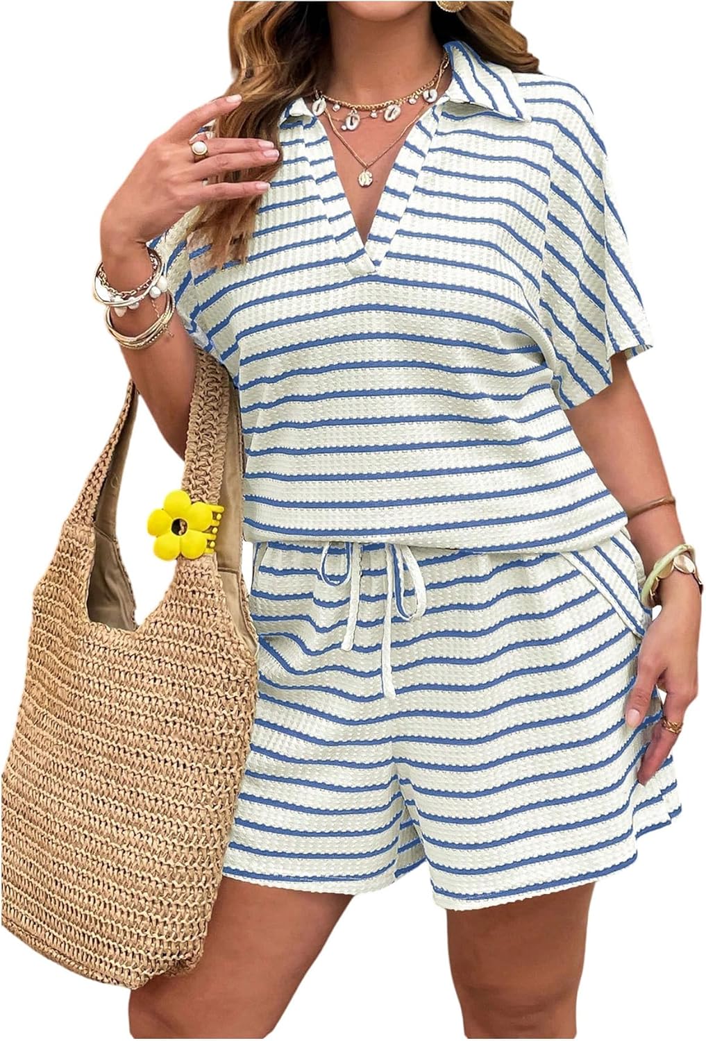 SOLY HUX Women's Plus Size Summer Outfits Short Sleeve Top and Shorts 2 Piece Sets for Curvy Women