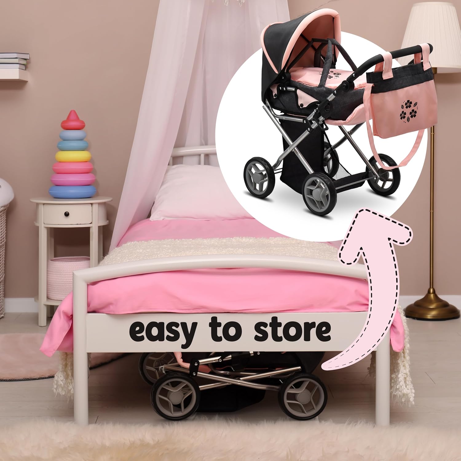 Baby Doll Convertible Pram Stroller with Removable Travel Bassinet Carrier for Kids Adjustable Handle Buggy Carriage with Canopy and Storage Basket 25 Inch Pink, Black