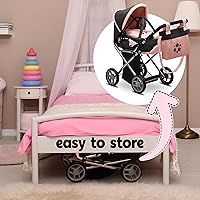 Vista 8 de Cochecito Convertible de Muñeca de Bebé con Portabebés de Viaje Extraíble para Niños, Mango Ajustable, Cochecito con Toldo y Cesta